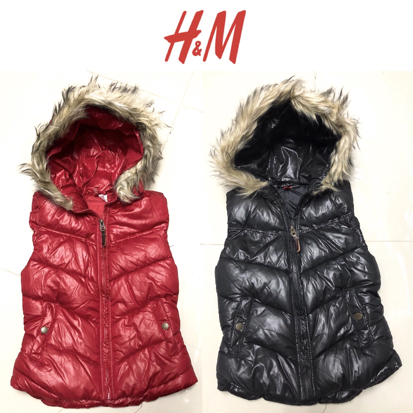 H&m เสื้อกั๊กกันหนาว กั๊กฮูทเฟอร์ สีแดง แบรนด์เนม H&M แต่งขนเฟอร์ปลายหมวกSize :XS/S/M/L/XL แดง
