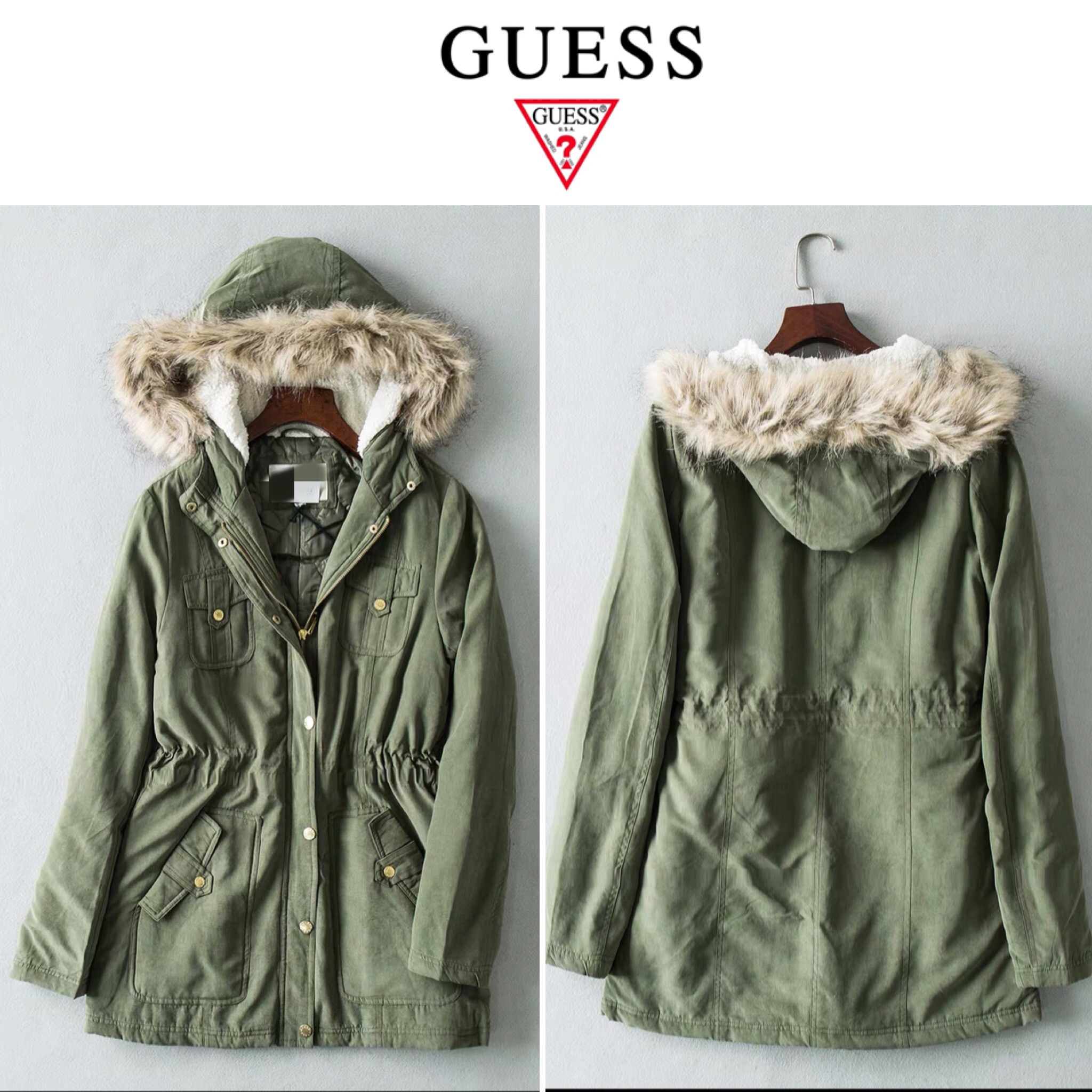 Guess เสื้อโค้ทฮู้ท กันหนาว สีเขียว บุนวมอุ่น แต่งเฟอร์ งานแบรนด์ GUESS แท้จ้า (ขนเฟอร์ถอดได้คะ ) เขียว