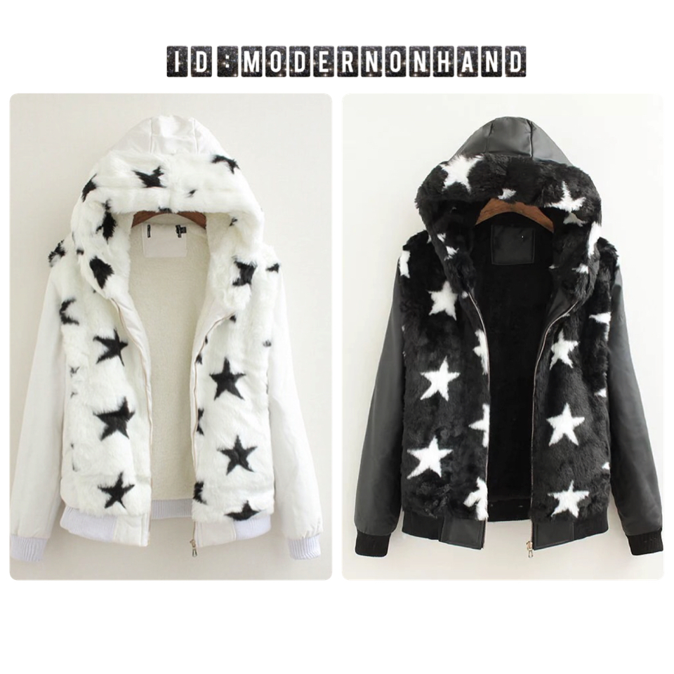 เสื้อกันหนาวแต่งขนลายดาว ติดหมวกฮูท แขนหนัง สวย อุ่น หรู มากๆคะ