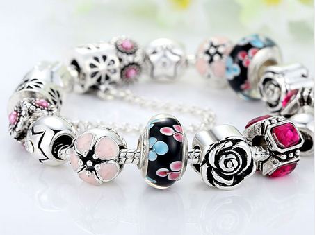 สร้อยข้อมือ Diy สร้อยข้อมือ Charm สไตล์ Pandora ติดคริสตัล ออสเตเรีย สีชมพู ทับทิม สีสวย ร้อย สลับ เม็ดบีด สีเงิน ห้อยจี้ดอกไม้ สวยหรู 758788
