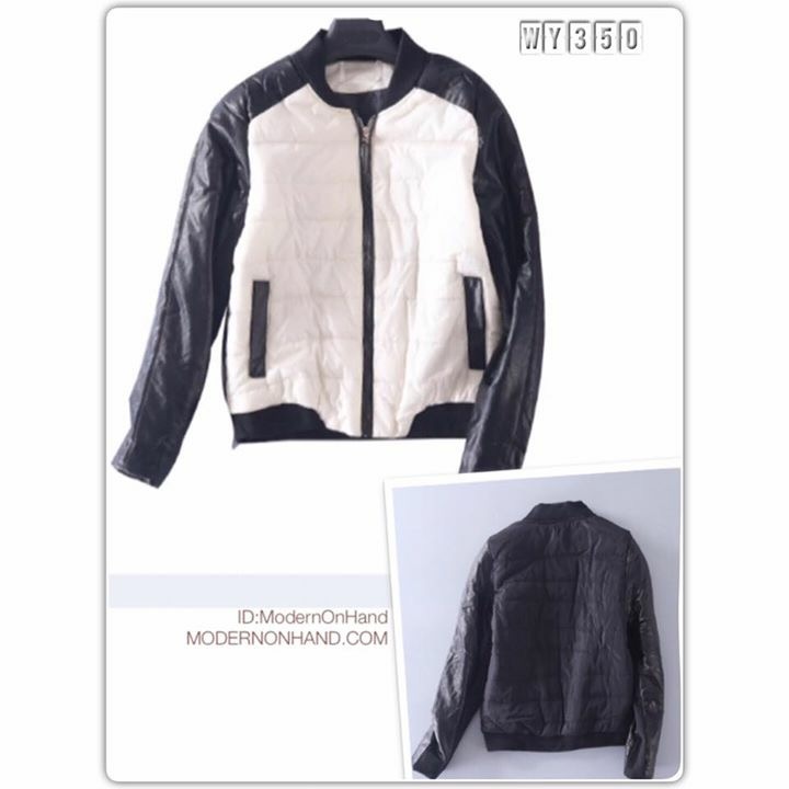 เสื้อกันหนาว แจ็คเก็ตกันหนาว สีทูโทนขาว-ดำ สไตล์ Bomber jacket แต่งแขนหนัง งานสวย แนวๆเท่ห์ๆคะ size L