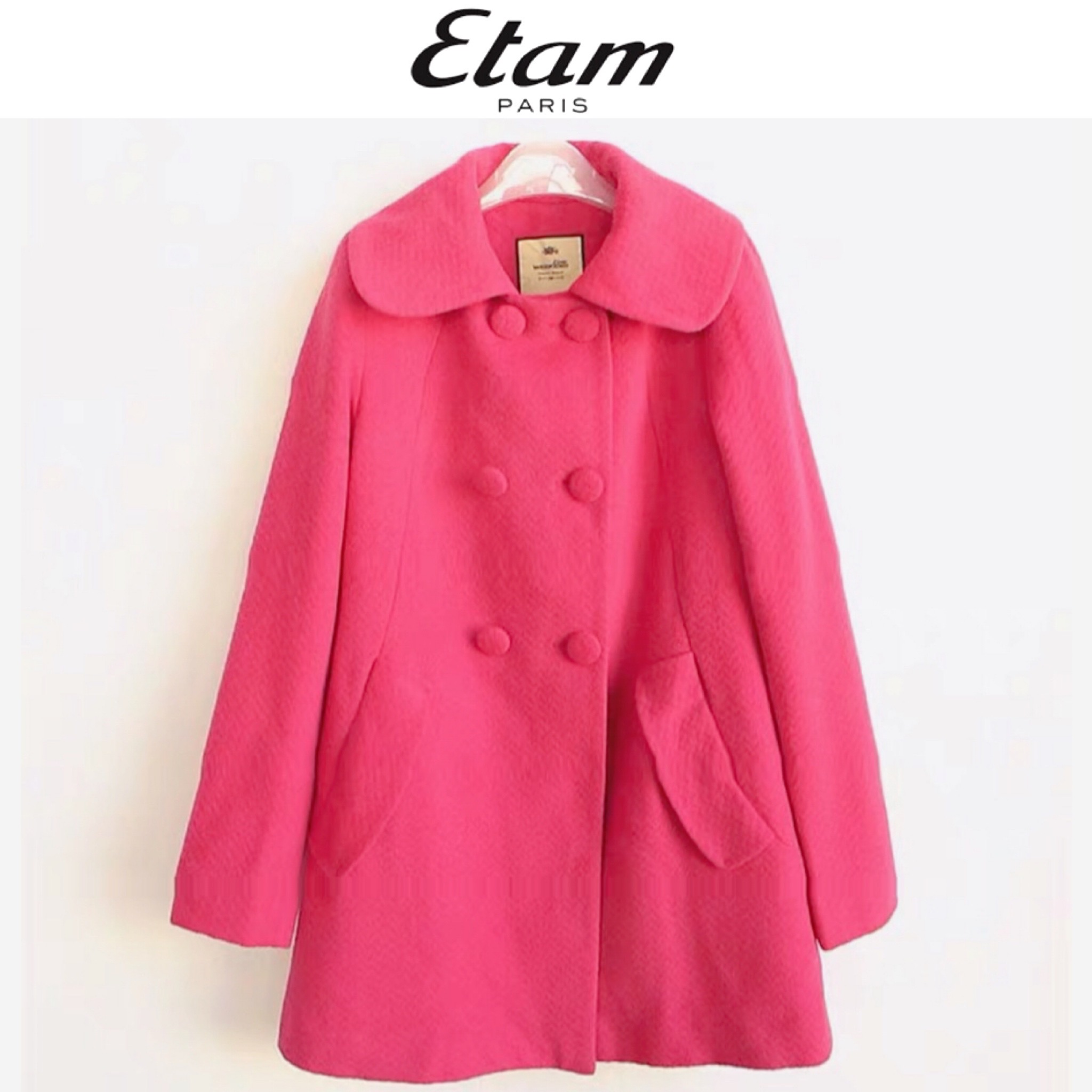 Etam เสื้อโค้ท กันหนาว สีชมพูสด แบรนด์ETAM ผสมขนแกะ46.6%ได้ค่ะ สำเนา ชมพูสด