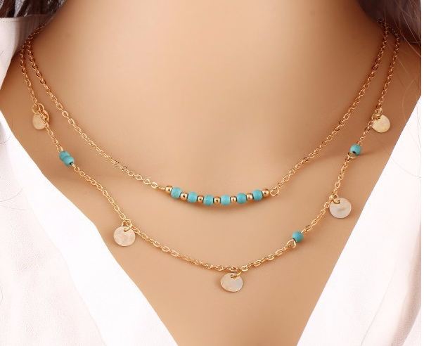 สร้อยคอผู้หญิง แบบน่ารัก ใส่เล่น ใส่ออกงาน แบบเก๋ ดีไซน์ ร้อยลูกปัด เทอร์ควอย สีฟ้า สลับ ลูกปัดกลม สีทอง สร้อยทอง น่ารัก 994146