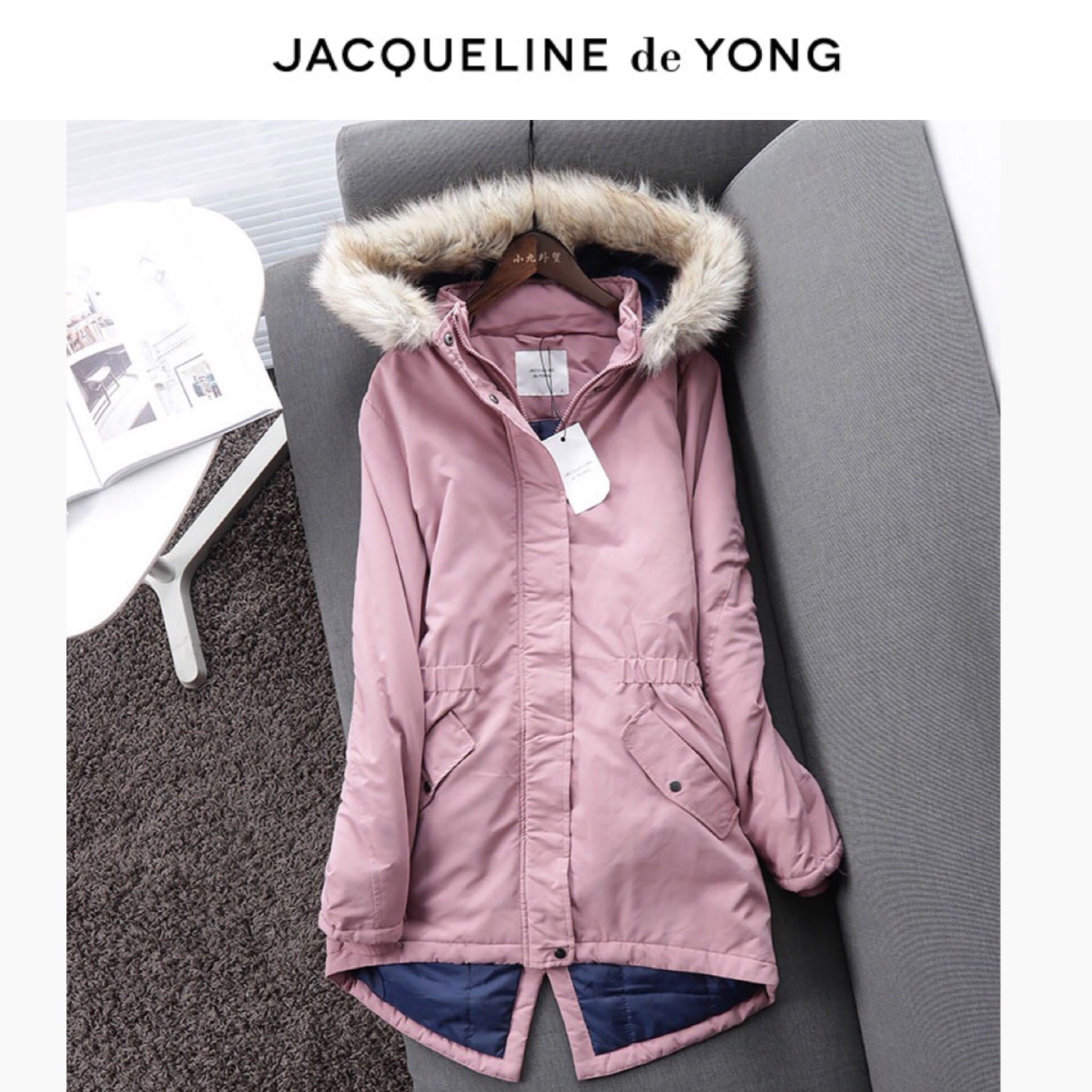 JACQUELINE DE YONG เสื้อฮูท เสื้อโค้ทฮูท กันหนาว ชมพู ติดเฟอร์ แบรนด์ JACQUELINE DE YONGแต่งซับขนอุ่น (ขนเฟอร์ถอดได้คะ) สำเนา ชมพู