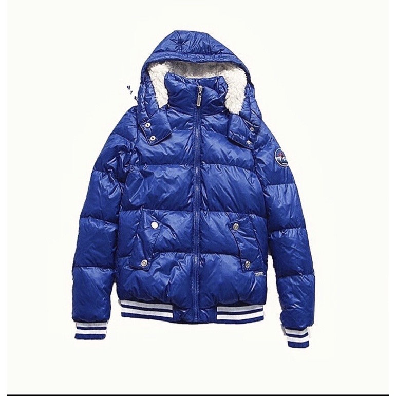 Etam เสื้อกันหนาว ขนเป็ด แต่งฮูท ซับขนอุ่น แบรนด์เนมES Style by ETAM แท้100% (ฮูทถอดได้คะ) size S/M/L น้ำเงิน