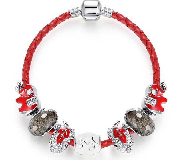 สร้อยข้อมือ Diy สไตล์ Pandora สร้อยข้อมือ สายหนังแท้ สีแดง ร้อย จี้ช้าง สีแดง Glass Bead เคลือบมุก ของขวัญให้แฟน สุดพิเศษ 303500