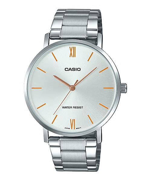 CASIO นาฬิกาคาสิโอ นาฬิกาข้อมือ นาฬิกากันน้ำ นาฬิกาของแท้ ประกันศูนย์ CMG 1 ปี รุ่น MTP-VT01D-7B นาฬิกาสีเงิน