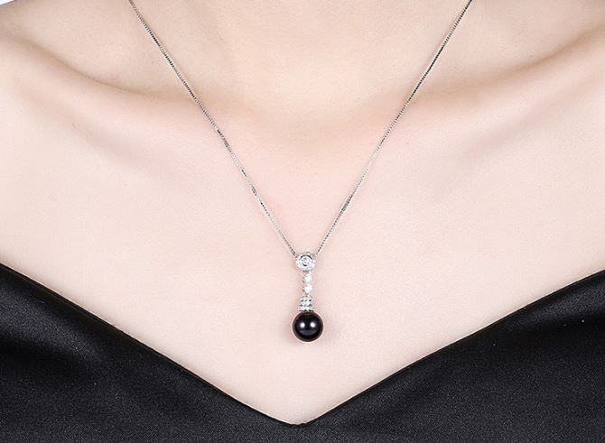 สร้อยคอ ผู้หญิง สร้อยเงิน พร้อมจี้ ไข่มุก สีดำ Black pearl ตกแต่งด้วย เพชร CZ AAA ทรงยาว 236306