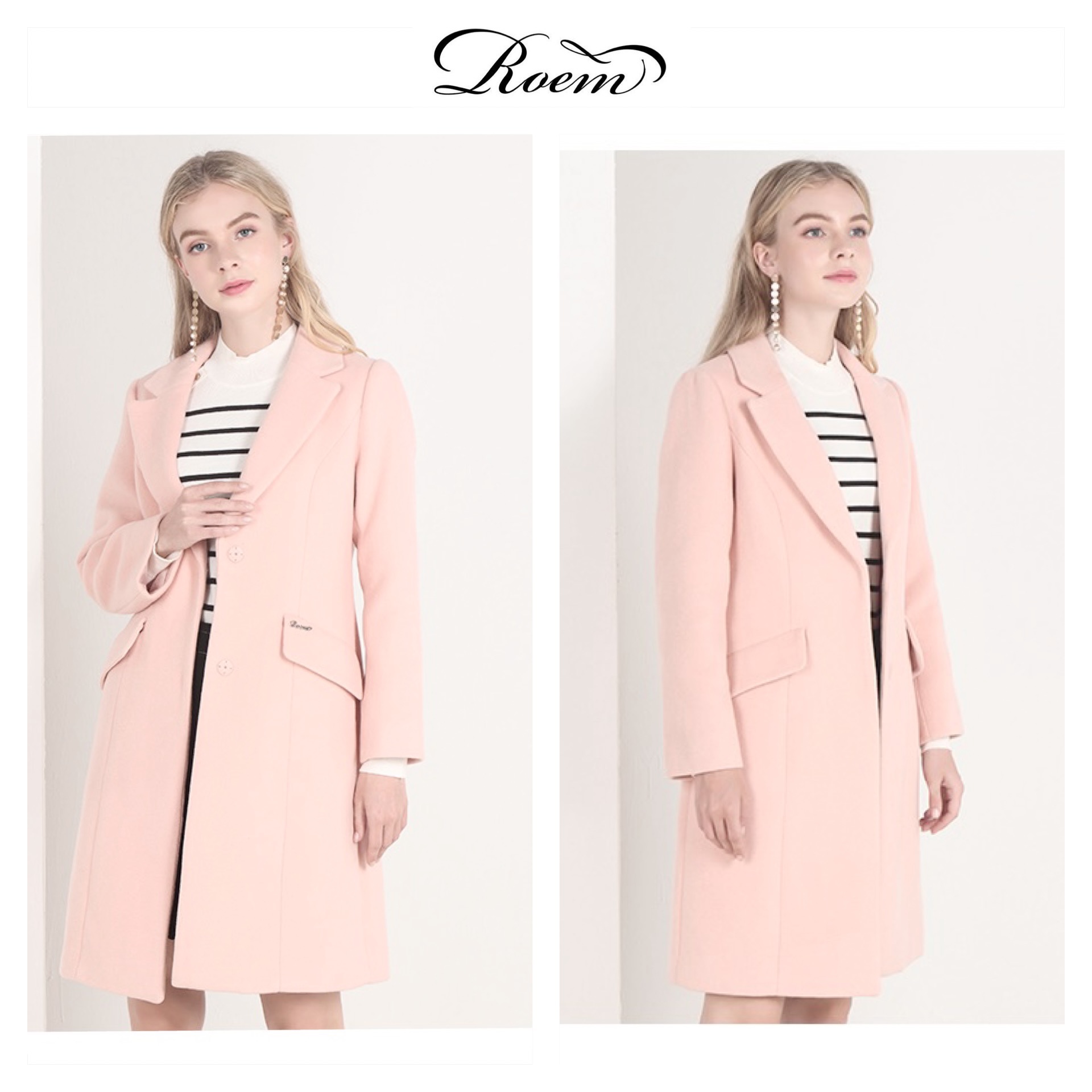 เสื้อโค้ทวูล Trench coat เสื้อโค้ทเฟอร์ โค้ทสักหลาดสีชมพูอ่อน แบรนด์ Roem