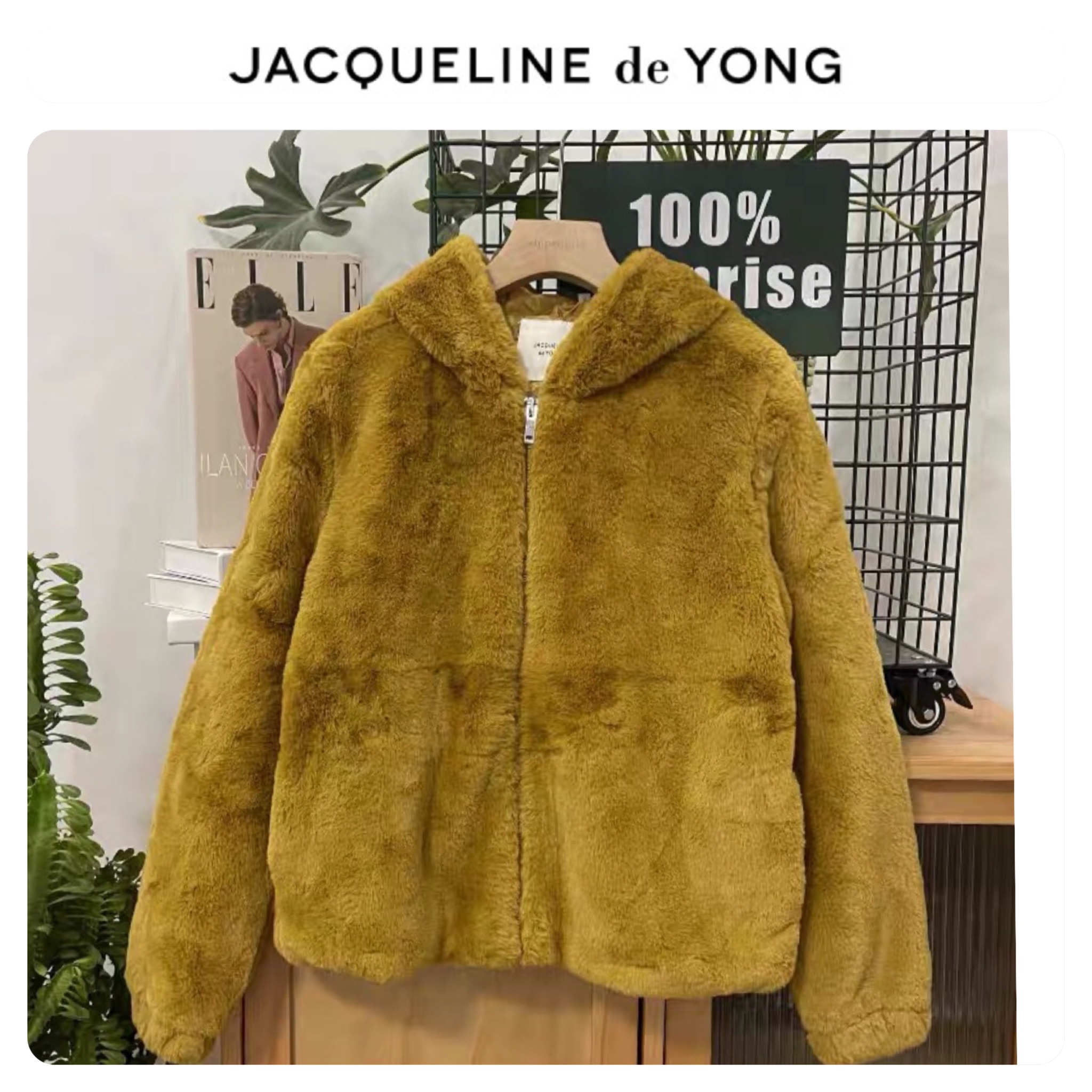 Jacqueline เสื้อเฟอร์กันหนาว หมวกฮู้ด เสื้อขน Fluffy coat แบรนด์ jacqueline เหลืองขมิ้น