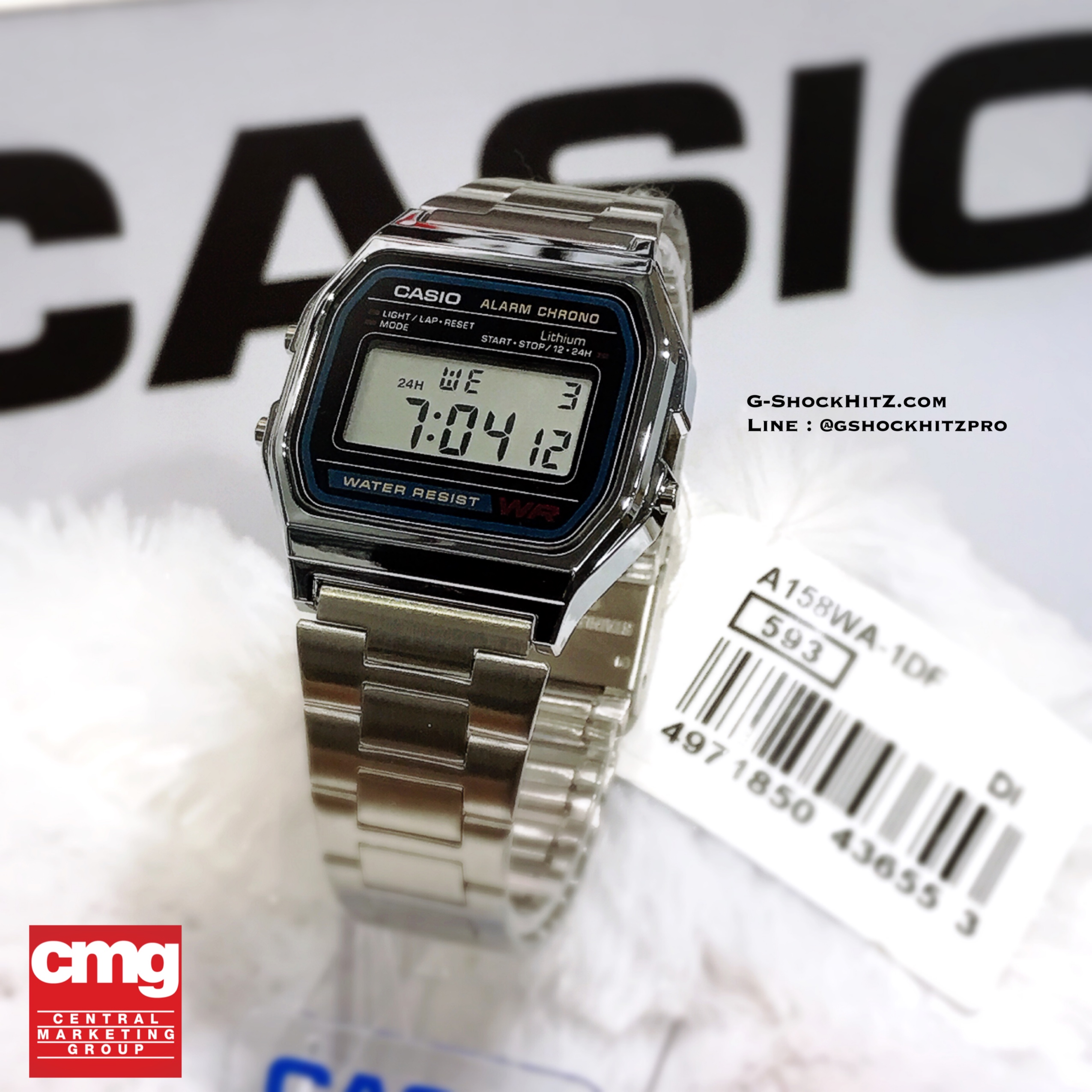 CASIO นาฬิกาคาสิโอ นาฬิกาข้อมือ นาฬิกากันน้ำ นาฬิกาของแท้ ประกันศูนย์ CMG 1 ปี รุ่น A158WA-1D นาฬิกาสีเงิน