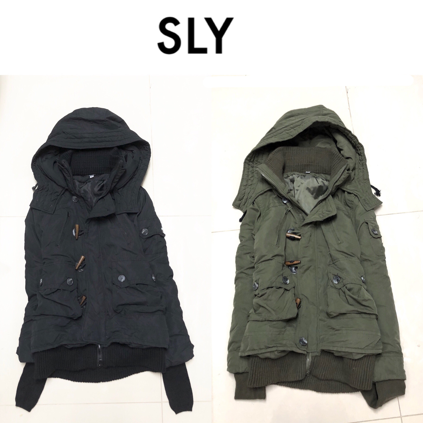 เสื้อโค้ทกันหนาว เสื้อกันหนาว หมวกฮูท สีดำ แบรนด์เนมญี่ปุ่นสุดหรู SLY บุนวมอุ่น ปลายแขน มีปลอกมือกันลม งานสวย แนวมากคะ Size S/M: ดำ