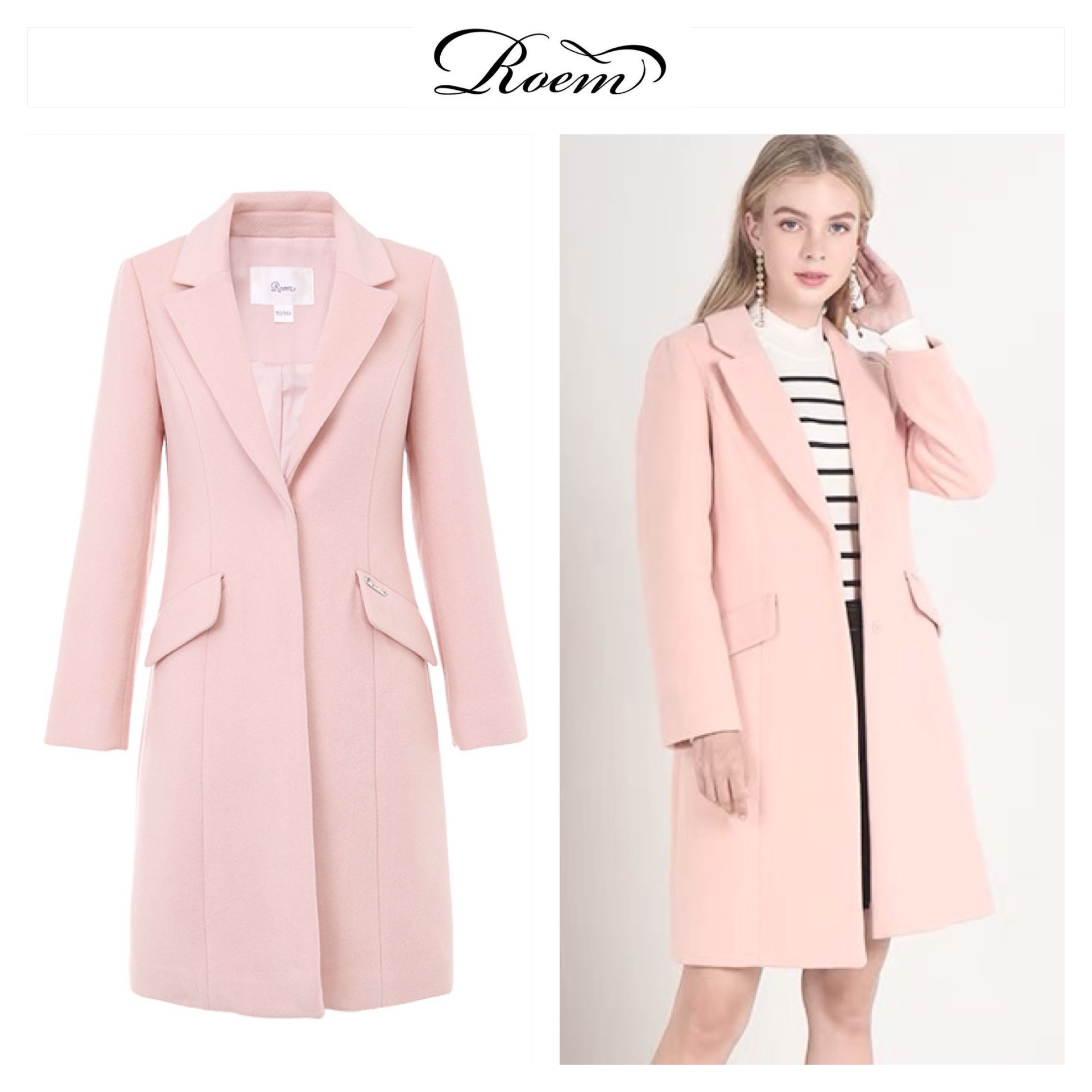 เสื้อโค้ทวูล Trench coat เสื้อโค้ทเฟอร์ โค้ทสักหลาดสีชมพูอ่อน แบรนด์ Roem