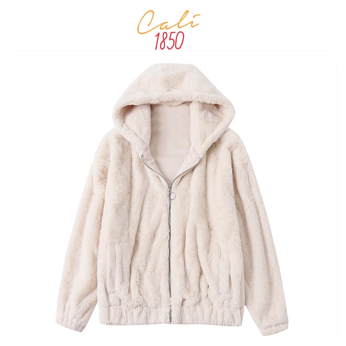 Cali 1985 เสื้อเฟอร์กันหนาว หมวกฮู้ด เสื้อขน (FLUFFY COAT) สีครีม แบรนด์ CALI 1985 Los Angeles ขาว