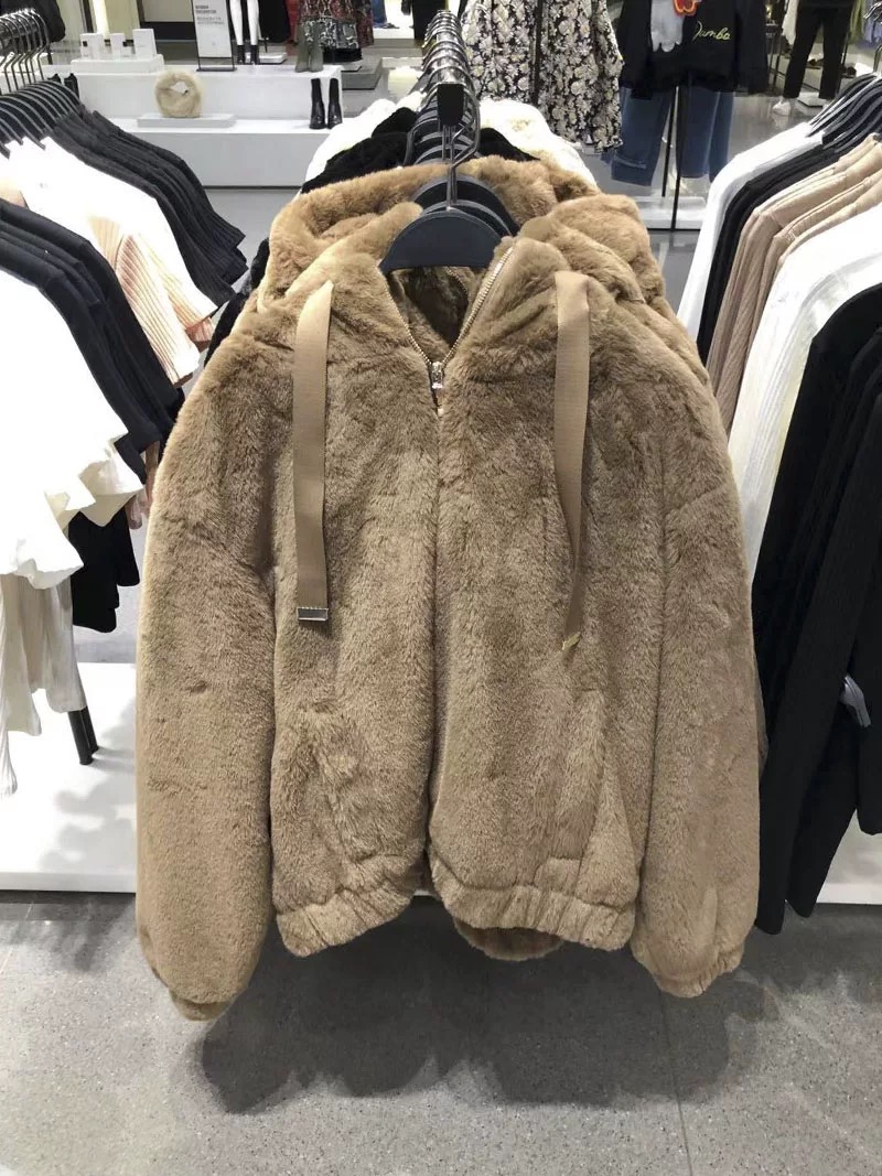Zara เสื้อเฟอร์กันหนาว หมวกฮู้ด เสื้อขน แบรนด์zara สำเนา ดำ