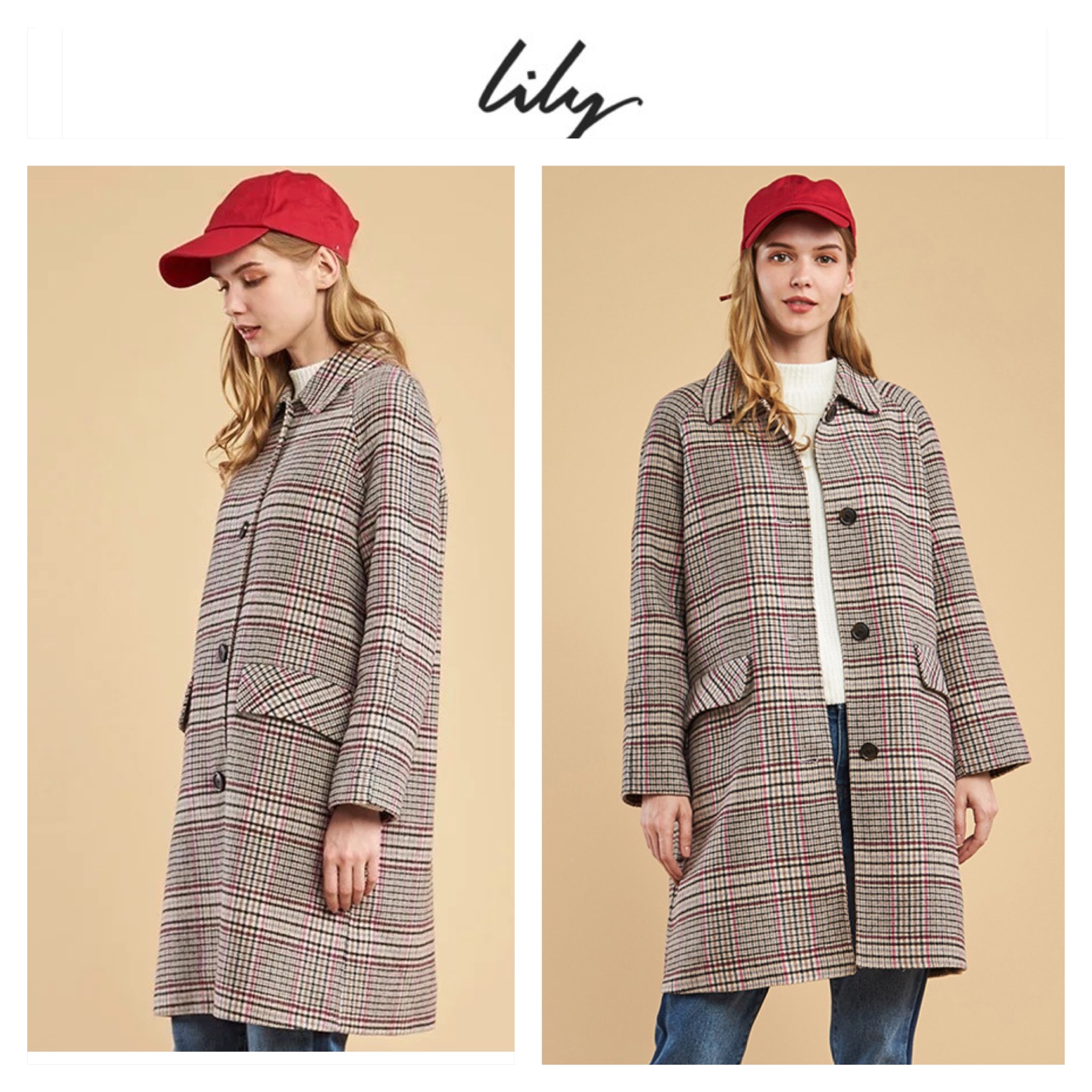 Lily เสื้อโค้ท เสื้อกันหนาว เนื้อผ้าสักหลาดวูล ลายตารางชมพูเทา แบรนด์lily