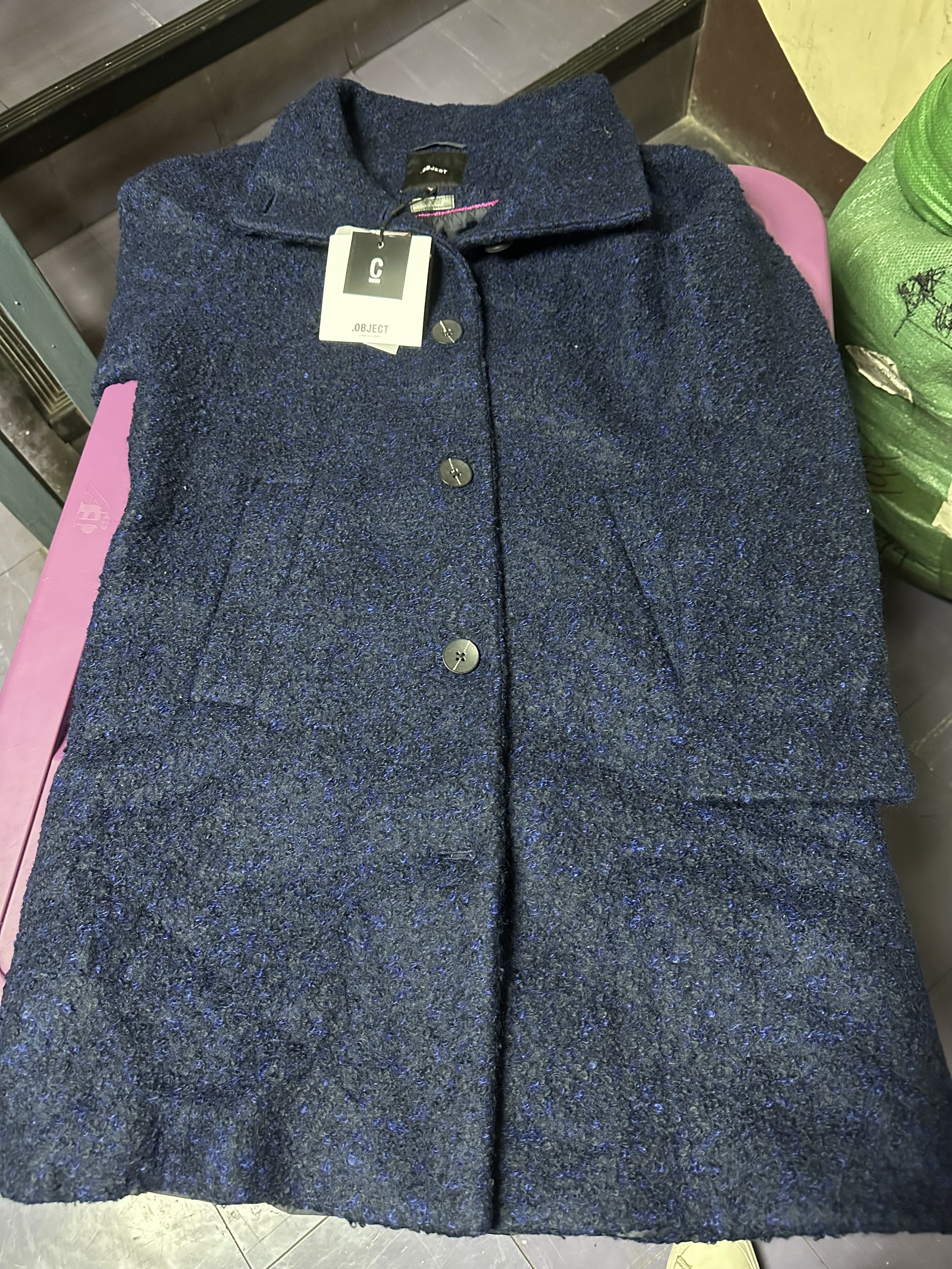 Object เสื้อโค้ท เสื้อกันหนาว เนื้อผ้าสักหลาดวูล น้ำเงินกรม แต่งกระดุมแถบ สองแถว แบรนด์ .object น้ำเงิน