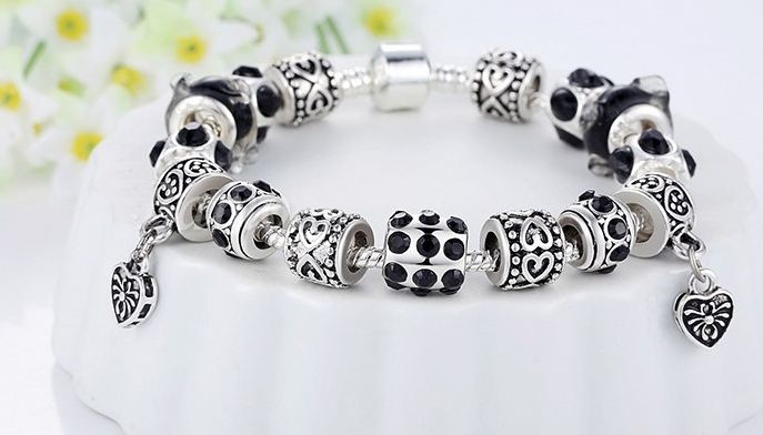 สร้อยข้อมือ Diy สร้อยข้อมือ Charm สไตล์ Pandora ร้อย เม็ดบีด ลวดลาย เงินโบราณ สลับ คริสตัล สีดำ นิล เรียบหรู ดูดี มีสไตล์ แบบเท่ ๆ 813882_3