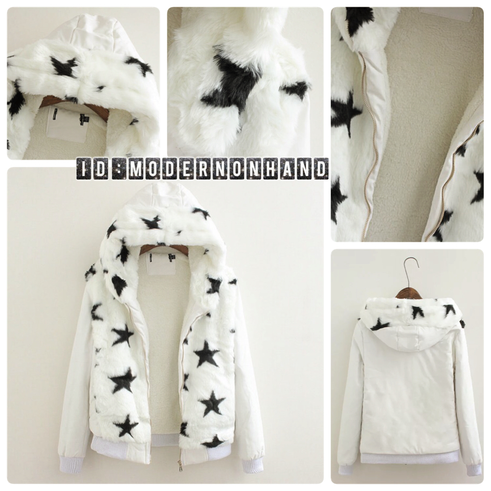 เสื้อกันหนาวแต่งขนลายดาว ติดหมวกฮูท แขนหนัง สวย อุ่น หรู มากๆคะ