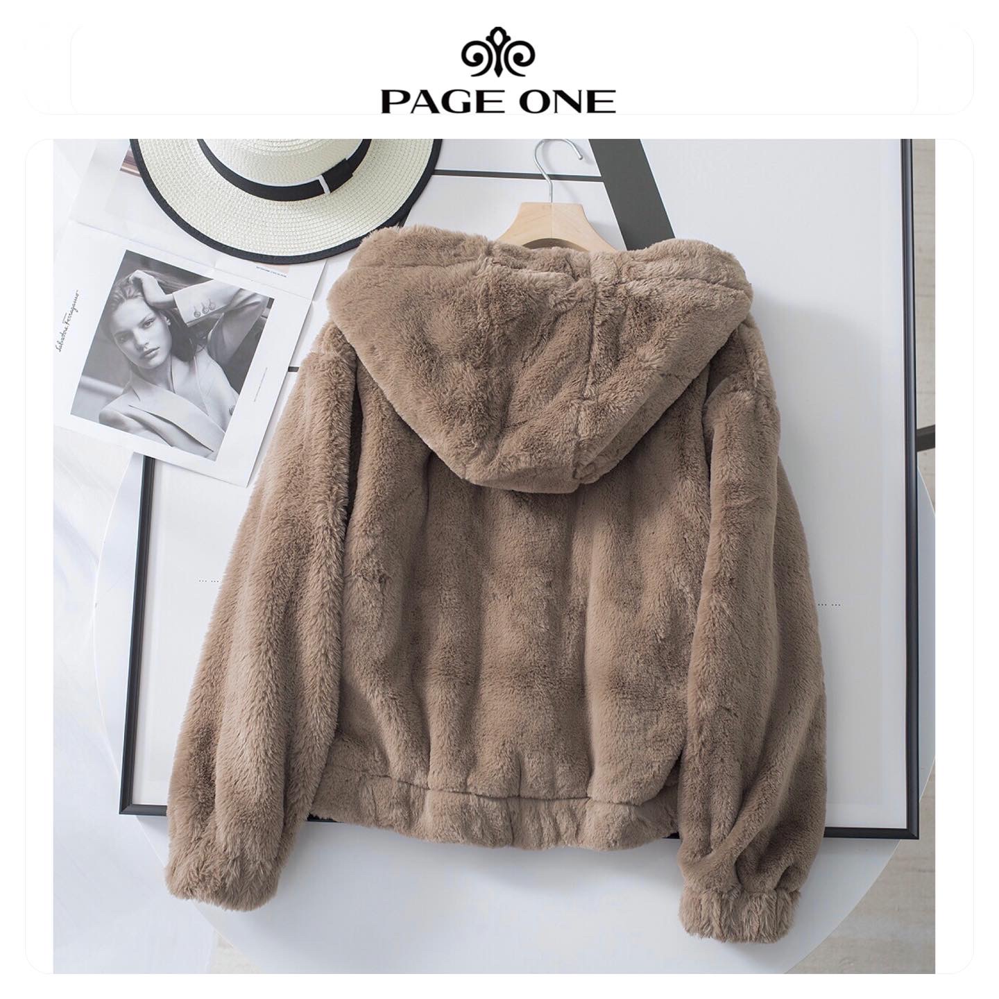 Page one เสื้อเฟอร์กันหนาว หมวกฮู้ด เสื้อขน Fluffy coat แบรนด์ page One ดำ
