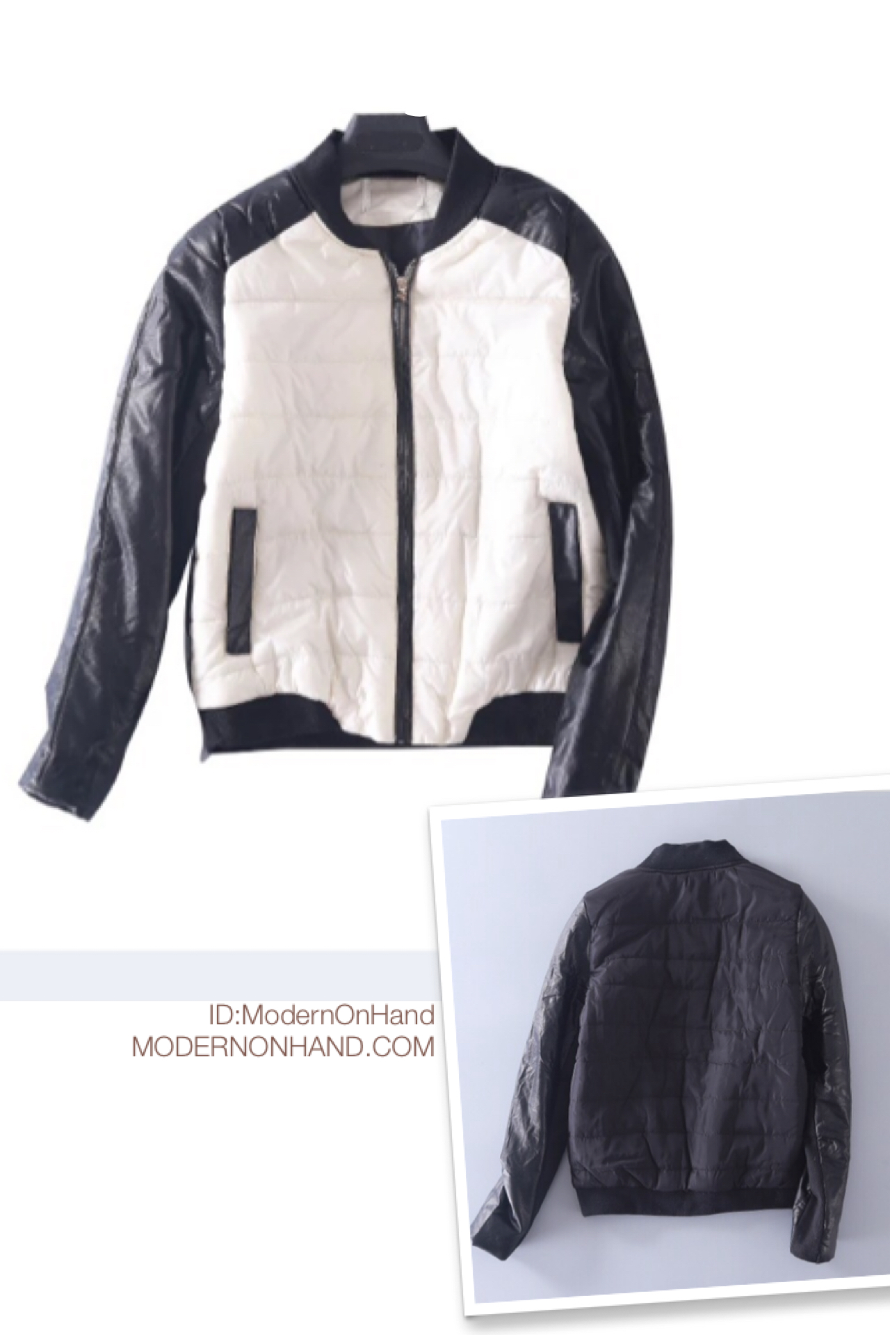เสื้อกันหนาว แจ็คเก็ตกันหนาว สีทูโทนขาว-ดำ สไตล์ Bomber jacket แต่งแขนหนัง งานสวย แนวๆเท่ห์ๆคะ size L