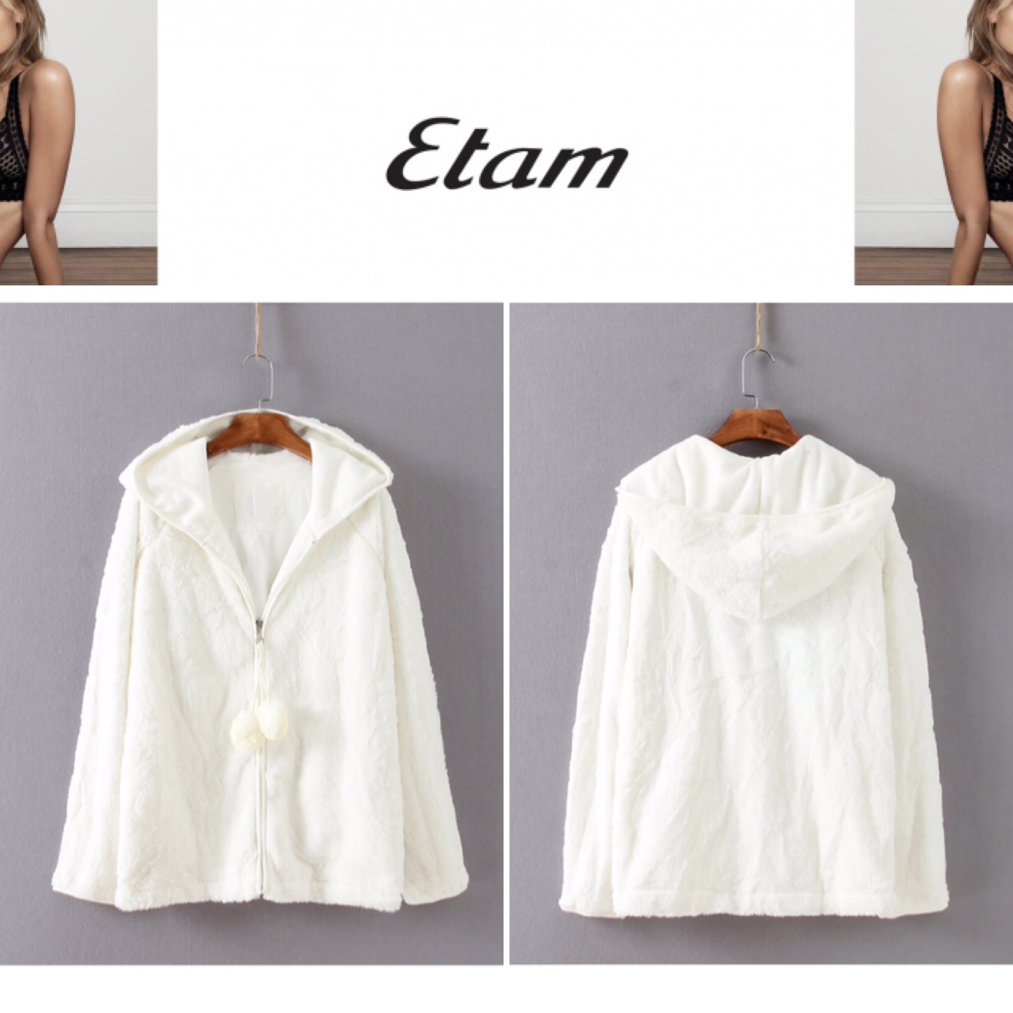 Etam เสื้อกันหนาว เสื้อคลุมกันหนาว แบรนด์เนมETAM แต่งขน สีขาว แต่งฮูท เนื้อขนนุ่ม เนียนมากๆคะ ขาว