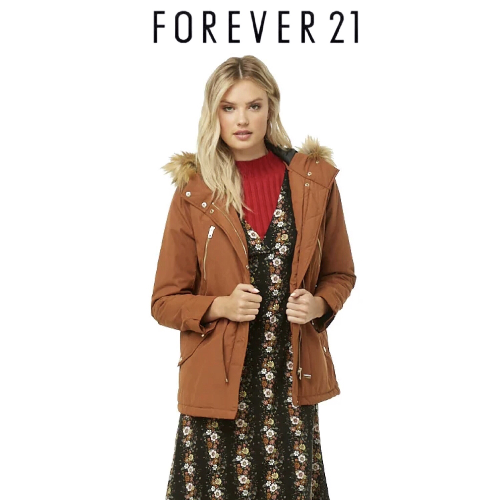 Forever21 เสื้อโค้ทฮู้ดกันหนาว เสื้อปาร์กา parka สีส้มอิฐ แต่งเฟอร์ แบรนด์ FOREVER21 สำเนา ส้มอิฐ