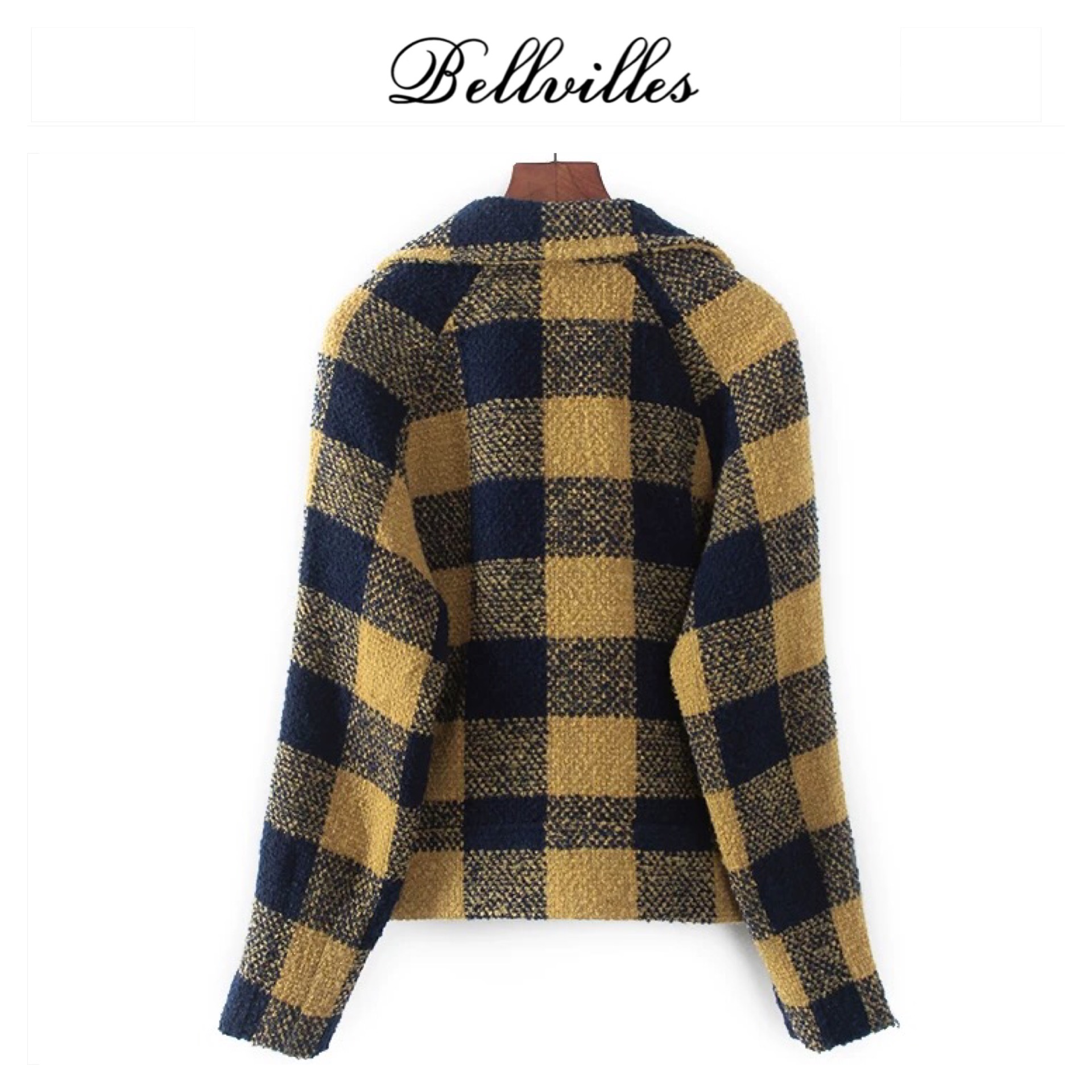 เสื้อโค้ท เสื้อกันหนาว เนื้อผ้าสักหลาดวูล ลายตาราง เหลืองน้ำเงิน แบรนด์ bellvilles