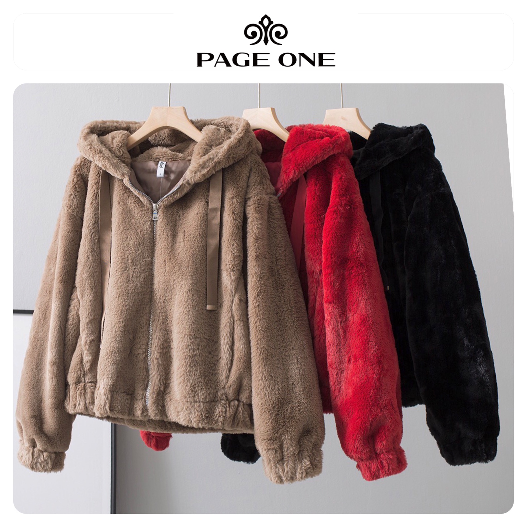 Page one เสื้อเฟอร์กันหนาว หมวกฮู้ด เสื้อขน Fluffy coat แบรนด์ page One ดำ