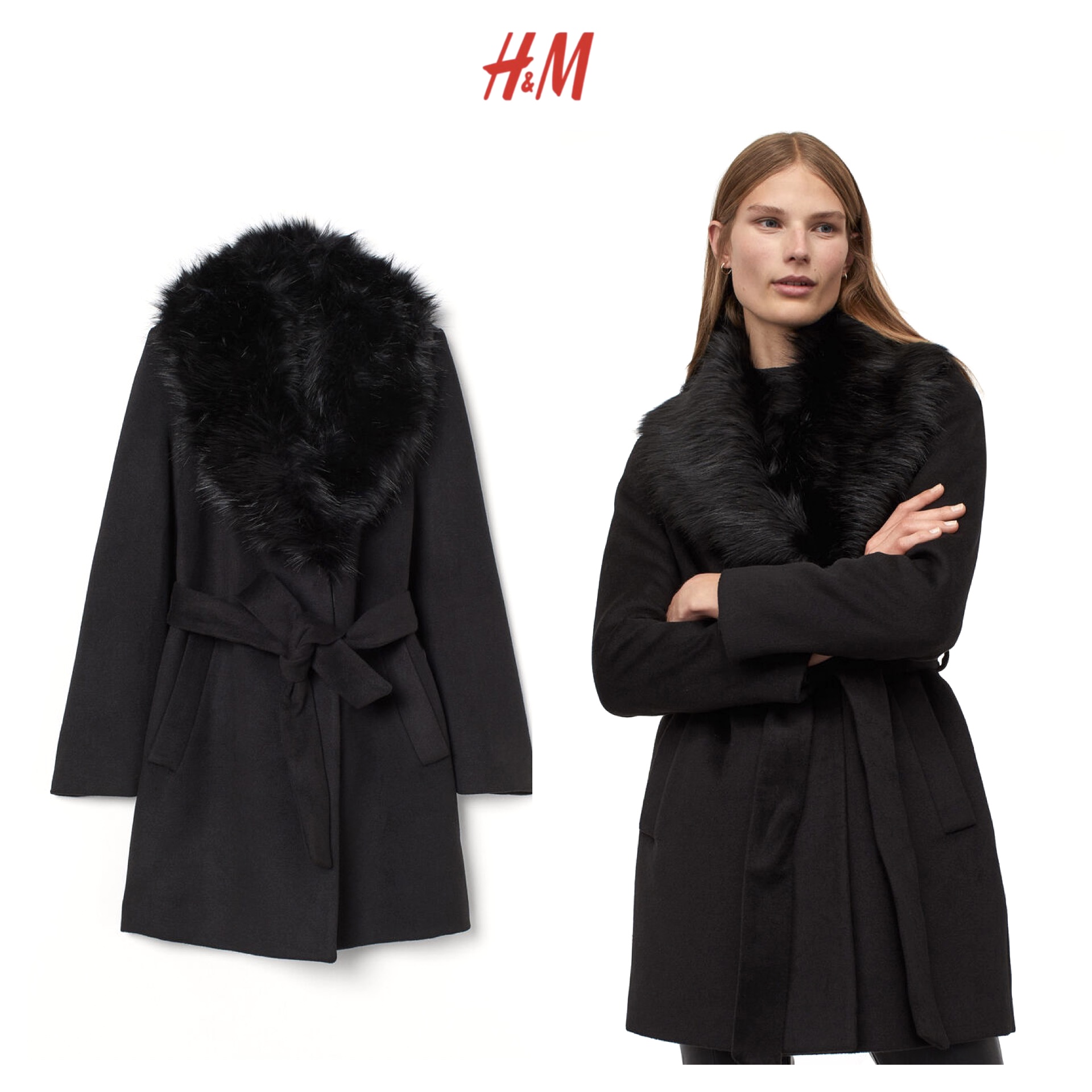 h&m เสื้อโค้ท เสื้อกันหนาว เนื้อผ้าสักหลาดวูล สีดำ แต่งปกเฟอร์(เฟอร์ถอดได้ค่ะ) แบรนด์ H&M
