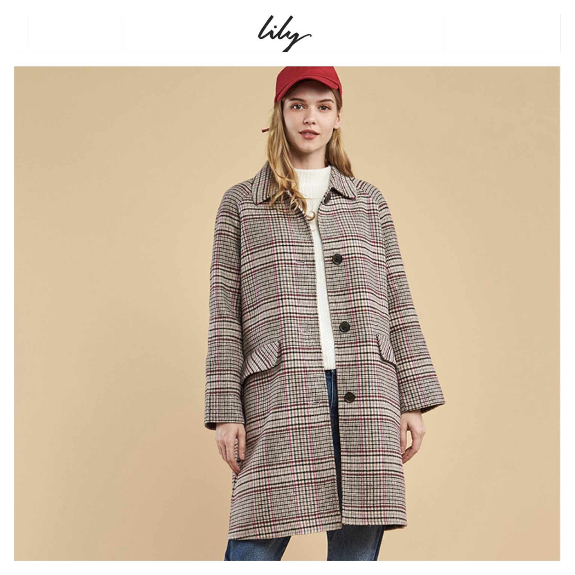 Lily เสื้อโค้ท เสื้อกันหนาว เนื้อผ้าสักหลาดวูล ลายตารางชมพูเทา แบรนด์lily