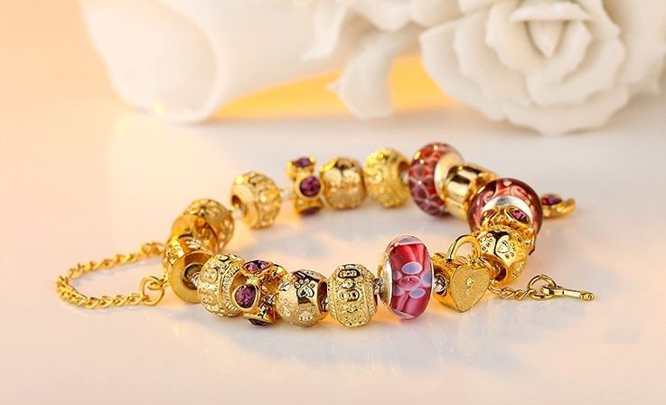 สร้อยข้อมือ Diy สไตล์ Pandora สร้อยข้อมือ แต่ง ชาร์ม ลายทองโบราณ สลับ กุญแจ หัวใจ สวยหรู มีระดับ ติดพลอย สีม่วง คริสตัลแท้ ออสเตเรีย ของขวัญแบบหรู 67203