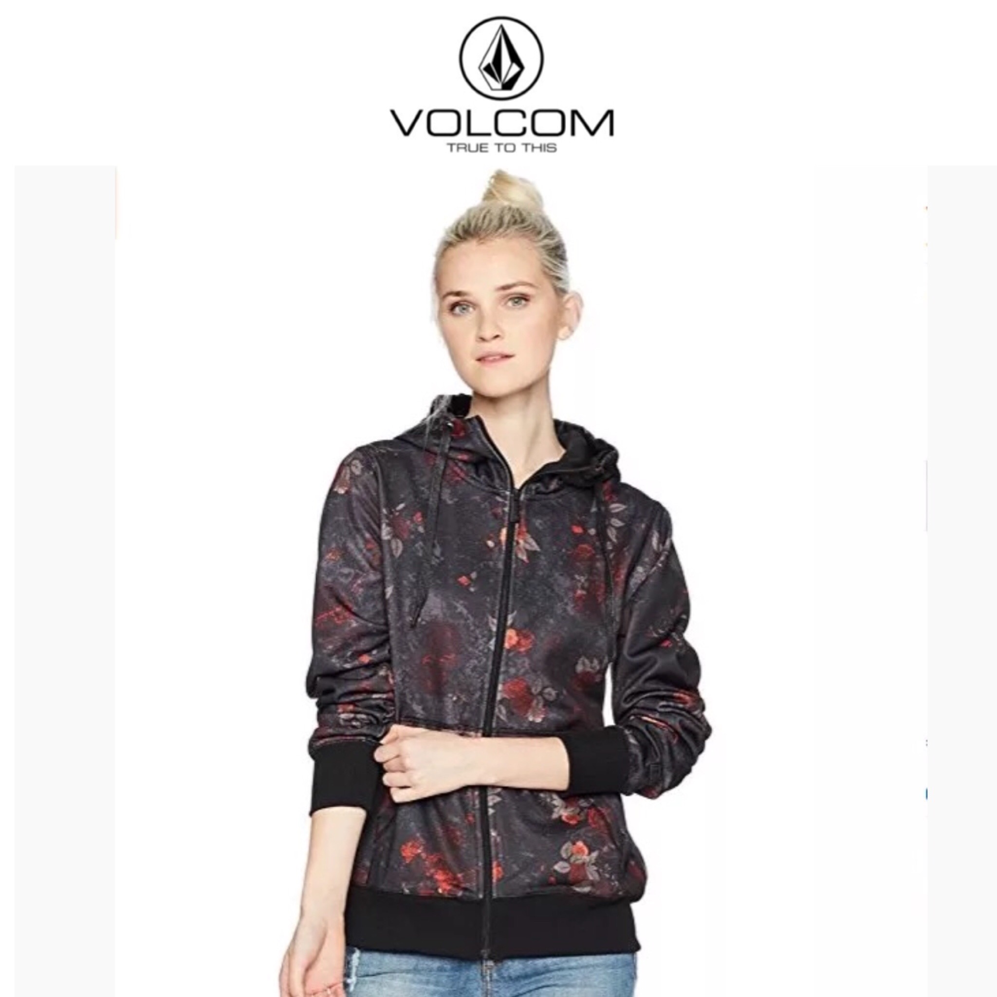 Volcom vitro pullover เสื้อแจ็คเก็ต เสื้อนอก เสื้อฮู้ดวอร์ม สีน้ำตาล ลายดอก งานVolcom vitro pullover แต่งลายปัก สไตล์วินเทจ สำเนา น้ำตาล
