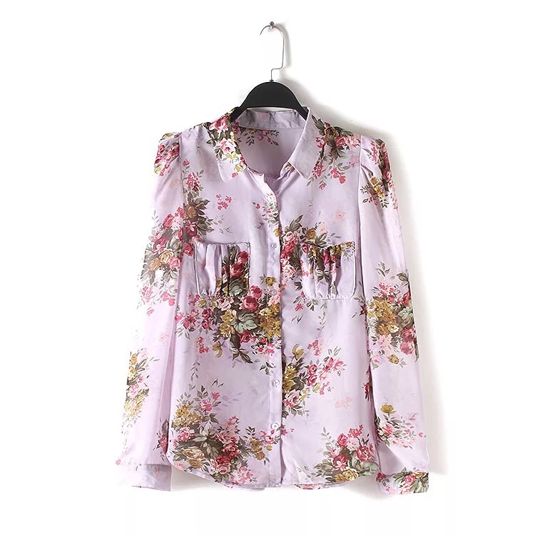 เสื้อเชิ๊ตเนื้อผ้าชีฟอง ลายดอก สวยหรู สีโทนม่วงอ่อน แบรนด์เนม BLOUSON size M/L