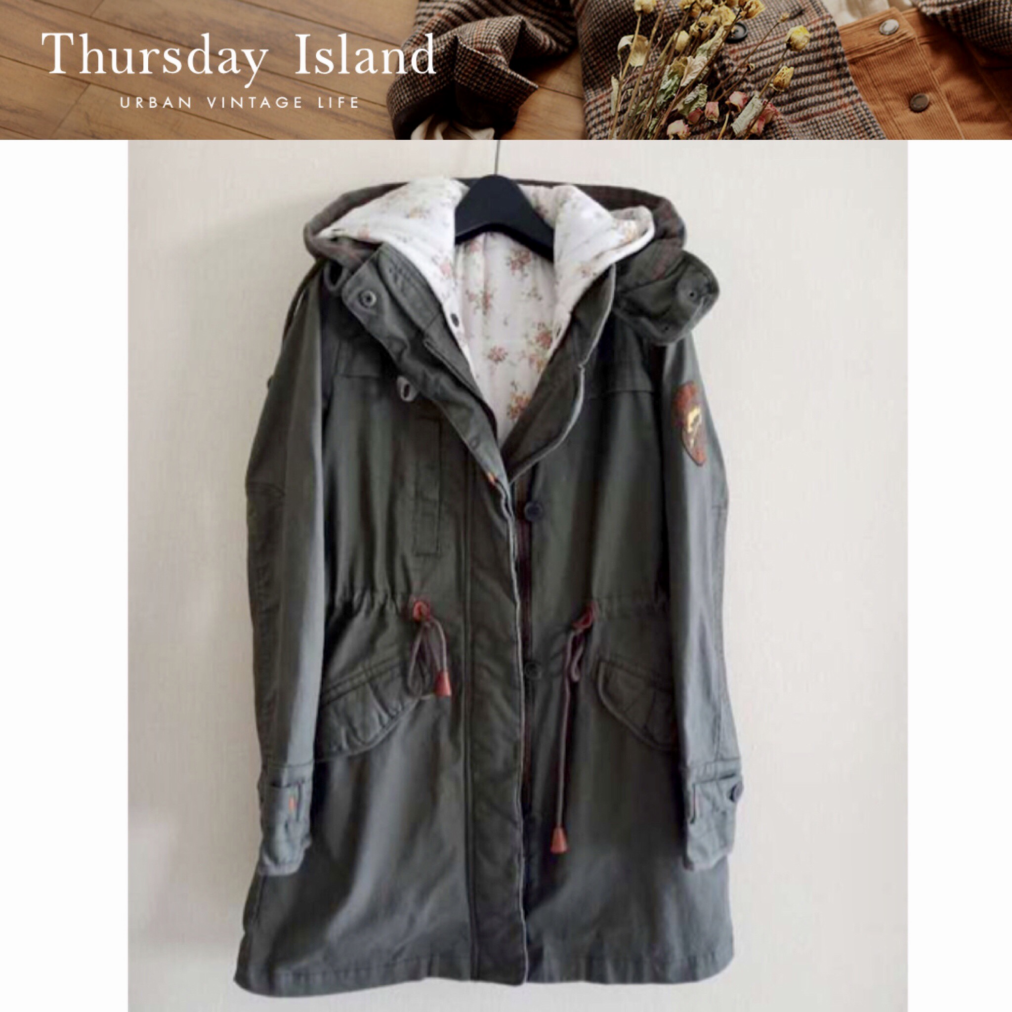 Thursday Island เสื้อแจ็คเก็ต เสื้อนอก แนวทหาร หมวกฮู้ด แบรนด์เกาหลี THURSDAY ISLAND size XS/S/M/L/XL สำเนา สำเนา สำเนา เขียว