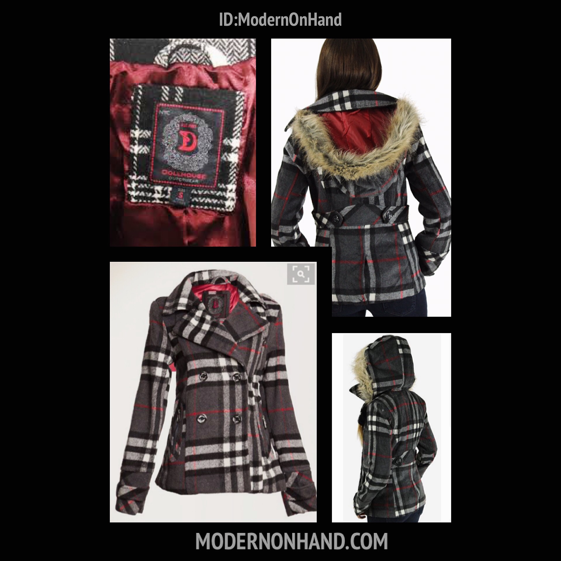 เสื้อกันหนาวสักหลาดผสมวู ลายตาราง classic burberry สีเทา brandname NYC DOLLHOUSE แต่งกระดุมสองแถบ ติดหมวกฮูท ติดเฟอร์ (หมวกมีกระดุมถอดใส่ได้คะ)สวย หรูคะ Size S