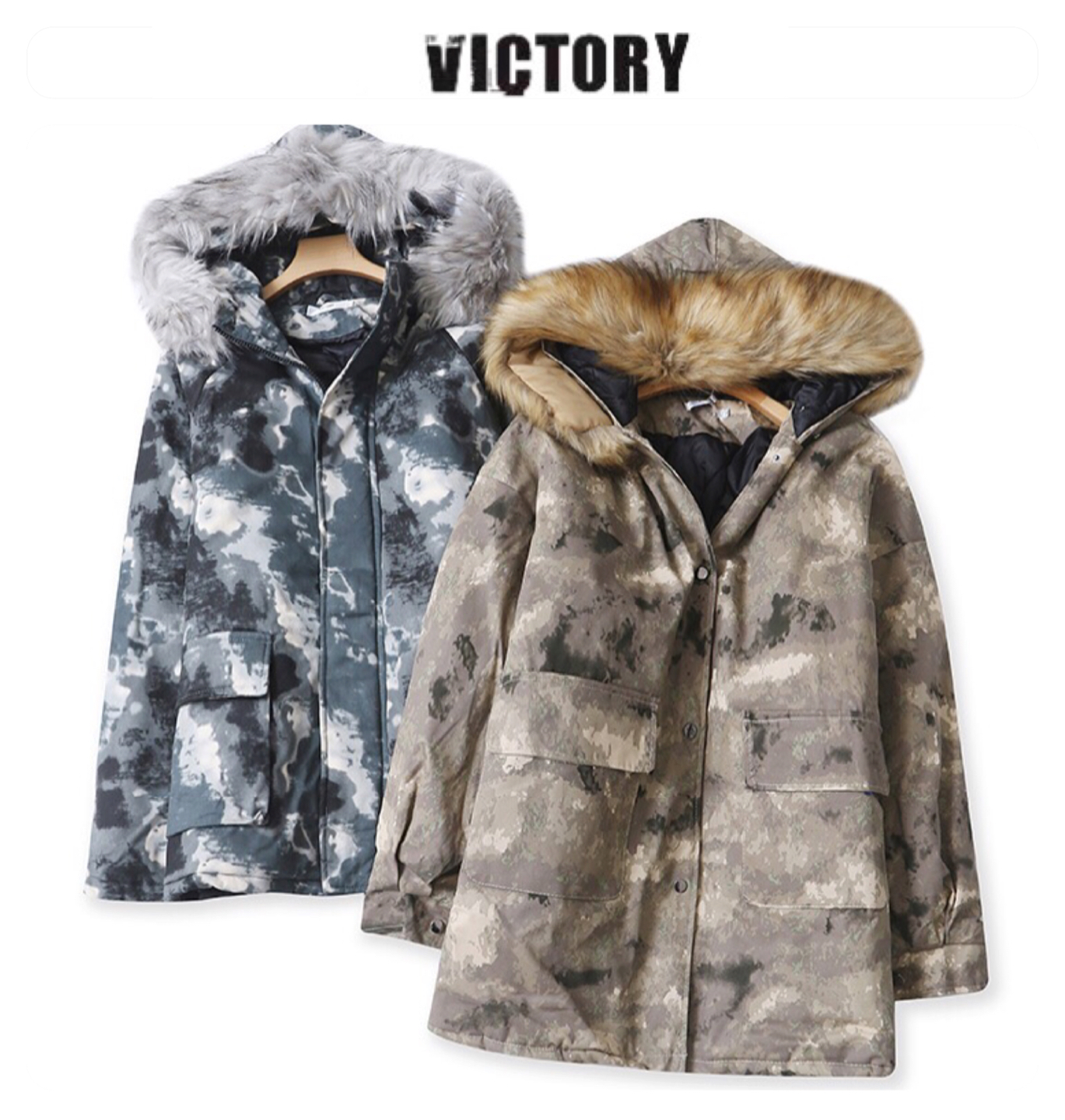 Victory เสื้อกันหนาว เสื้อฮู้ดเฟอร์ บุนวมอุ่น แบรนด์ victory over siZe bomber jacket (ขนเฟอร์ถอดได้ค่ะ) ลายพราง