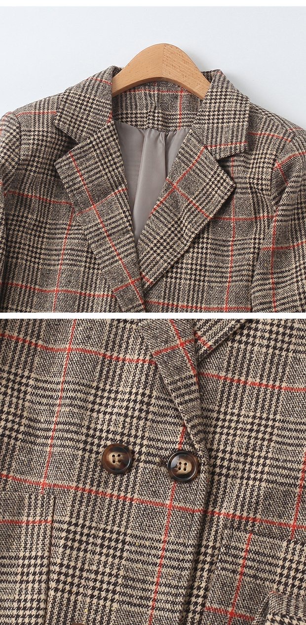 เสื้อโค้ท เสื้อกันหนาว ลายตาราง แต่งกระดุมแถบ สองแถว แบรนด์ Stradivarius สำเนา นู้ดกากี