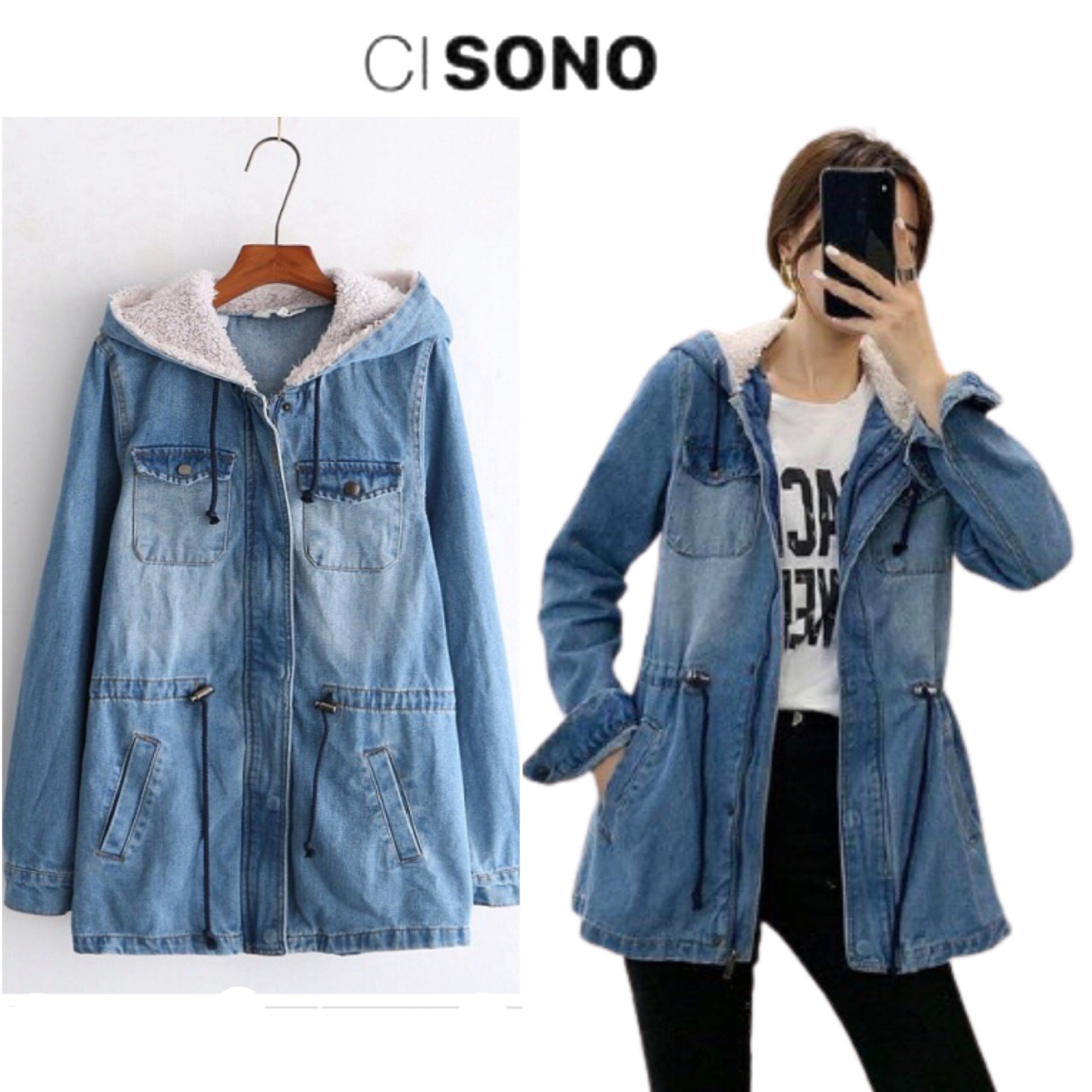 Ci-sono แจ็คเก็ต ยีนส์ เสื้อยีนส์ฮู้ด สียีนส์ฟอก แต่งขนอุ่นด้านในฮู้ด งาน แบรนด์ Ci-sono ตัดป้ายบางส่วน