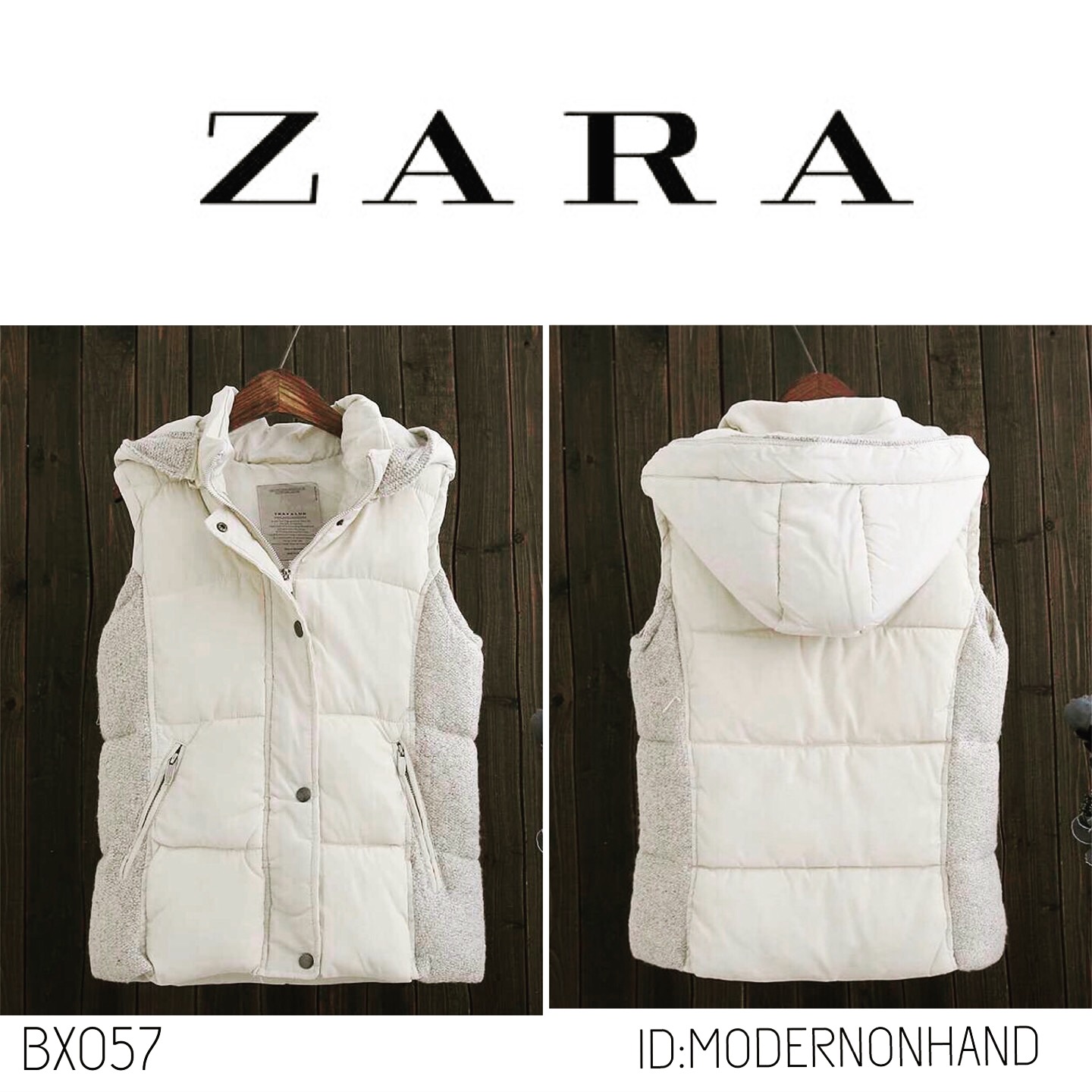 เสื้อกั๊ก กันหนาว เสื้อกั๊ก ฮูท กันหนาว สีขาวครีม แบรนด์เนม TRAFALUC ZARA แต่งผ้าทอ ข้างลำตัว คอปกด้านในแต่งขนเฟอร์ (ฮูทถอดได้คะ)