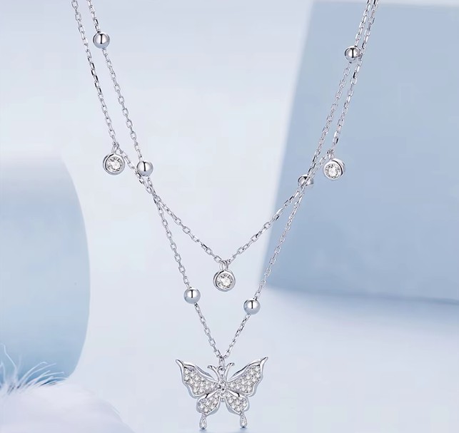 สร้อยคอ 2 ชั้น สร้อยคอ เงินแท้ 925 พร้อม จี้ผีเสื้อ ฝังเพชร CZ AAA สวยหรู สร้อยคอผู้หญิง ใส่ออกงานวัยรุ่น 774530
