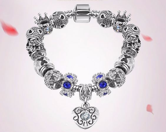 สร้อยข้อมือ Diy สไตล์ Pandora สร้อยข้อมือ ผู้หญิง ร้อยเม็ดบีด สีเงิน แต่งด้วย คริสตัลแท้ สีน้ำเงิน สุดหรู ของขวัญ ให้แฟน 907019