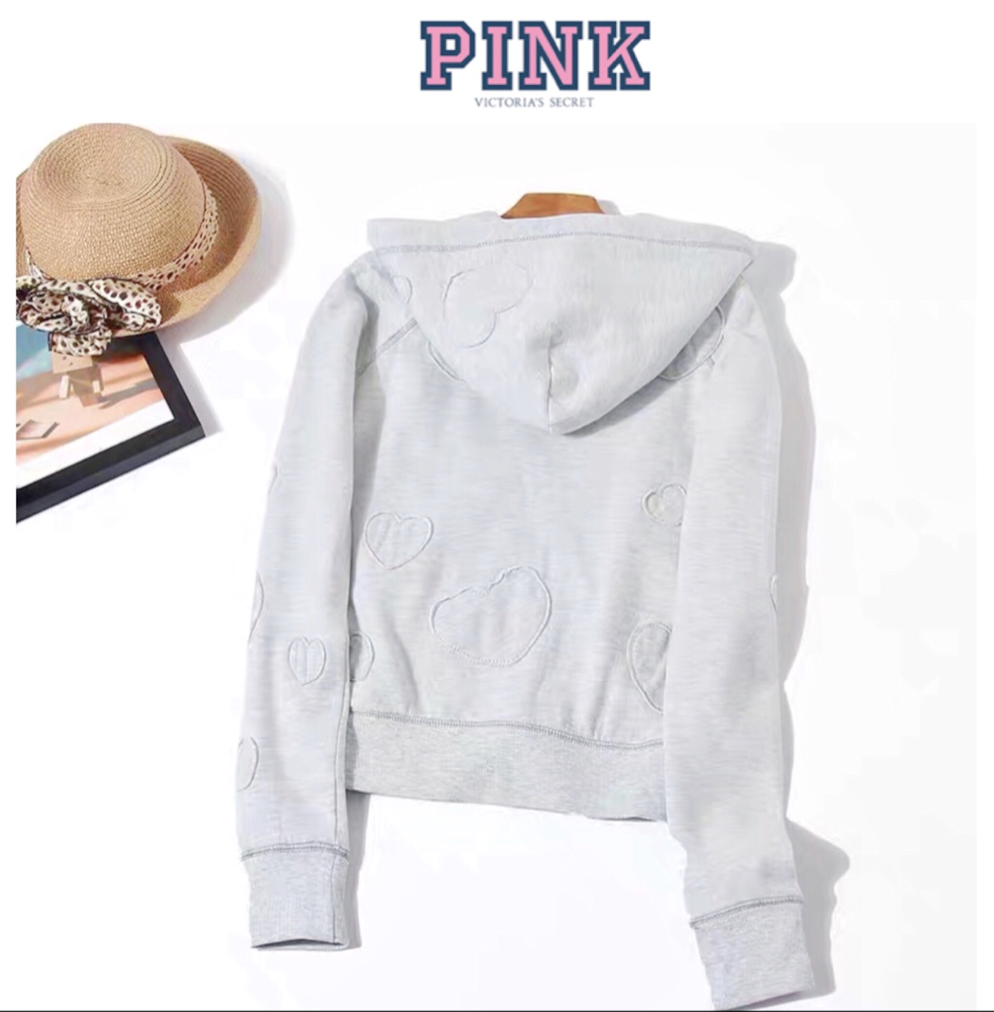 Pink by victoria's secret เสื้อแจ็คเก็ต เสื้อนอก เสื้อฮู้ดวอร์ม สีเทา แต่งลายปัก เทาอ่อน