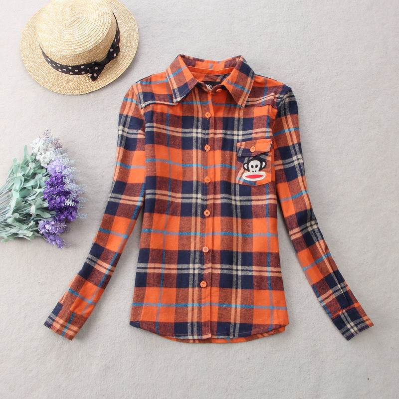 เสื้อเชิ๊ตลายสก๊อตส้ม ยี่ห้อ PAUL FRANK ไซส์ S ผ้าสักหลาดเนื้อหรู