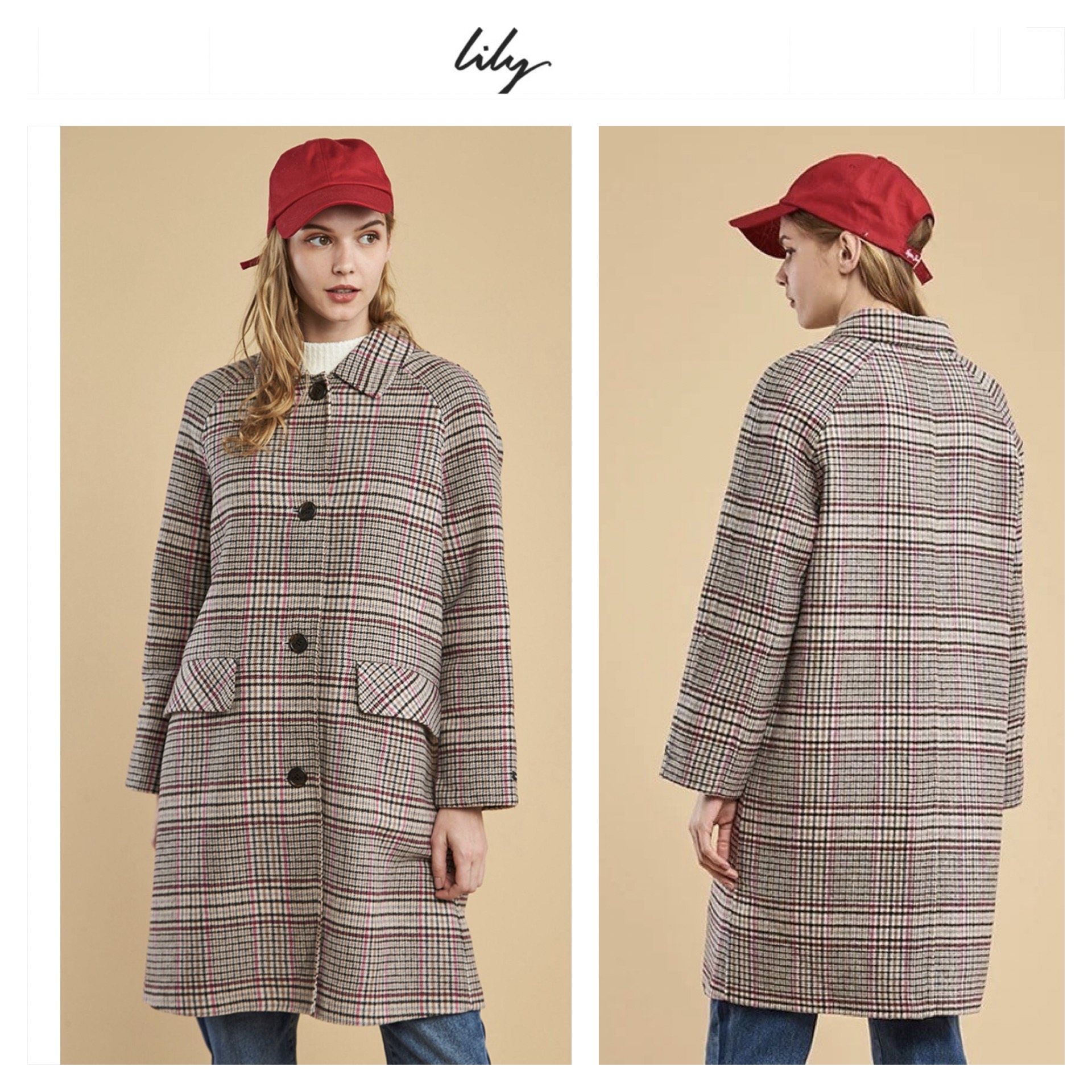 Lily เสื้อโค้ท เสื้อกันหนาว เนื้อผ้าสักหลาดวูล ลายตารางชมพูเทา แบรนด์lily