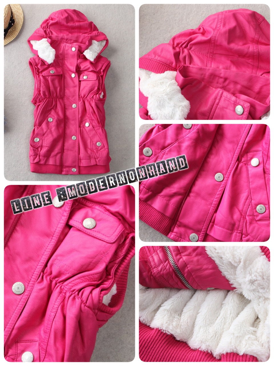 เสื้อกั๊ก เอวจั๊ม เกรดหรู หนังPU เกรด Premium สีชมพู ด้านในแต่งซับขนสีขาว เกรดนุ่ม หรู Size S/M