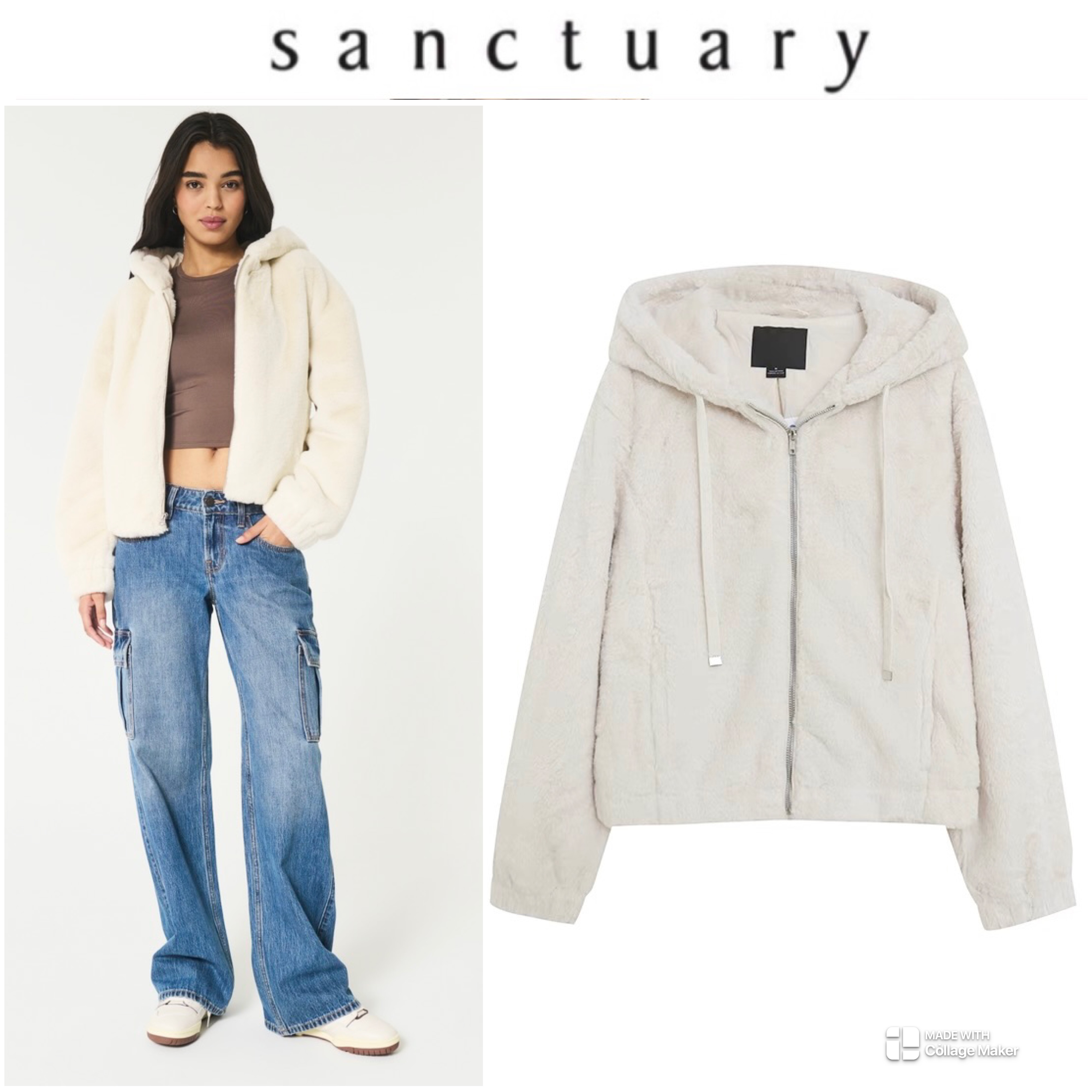 915 เสื้อเฟอร์กันหนาว หมวกฮู้ด เสื้อขน Fluffy hooded jacket แบรนด์ SANCTUARY ขาว