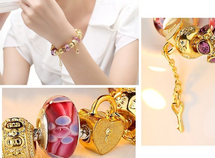 สร้อยข้อมือ Diy สไตล์ Pandora สร้อยข้อมือ แต่ง ชาร์ม ลายทองโบราณ สลับ กุญแจ หัวใจ สวยหรู มีระดับ ติดพลอย สีม่วง คริสตัลแท้ ออสเตเรีย ของขวัญแบบหรู 67203