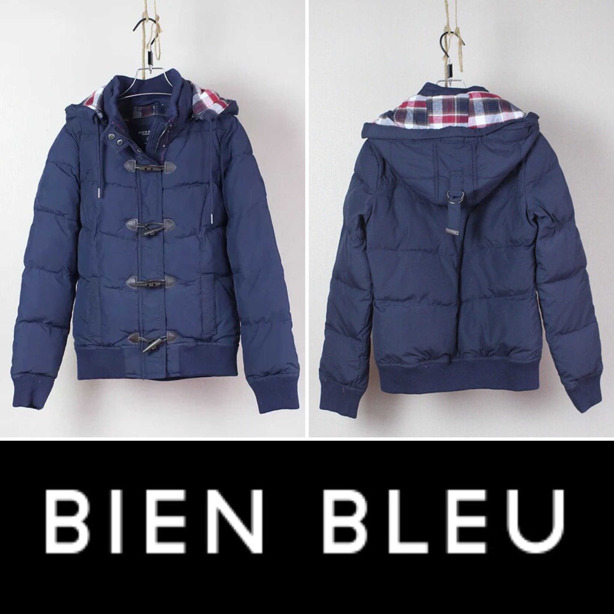 เสื้อกันหนาว เสื้อหนาวบุนวม แบรนด์เนม BIEN BLEU สีน้ำเงินกรมท่า ติดหมวกฮูท แต่งกระดุมไม้ Size S/M/L