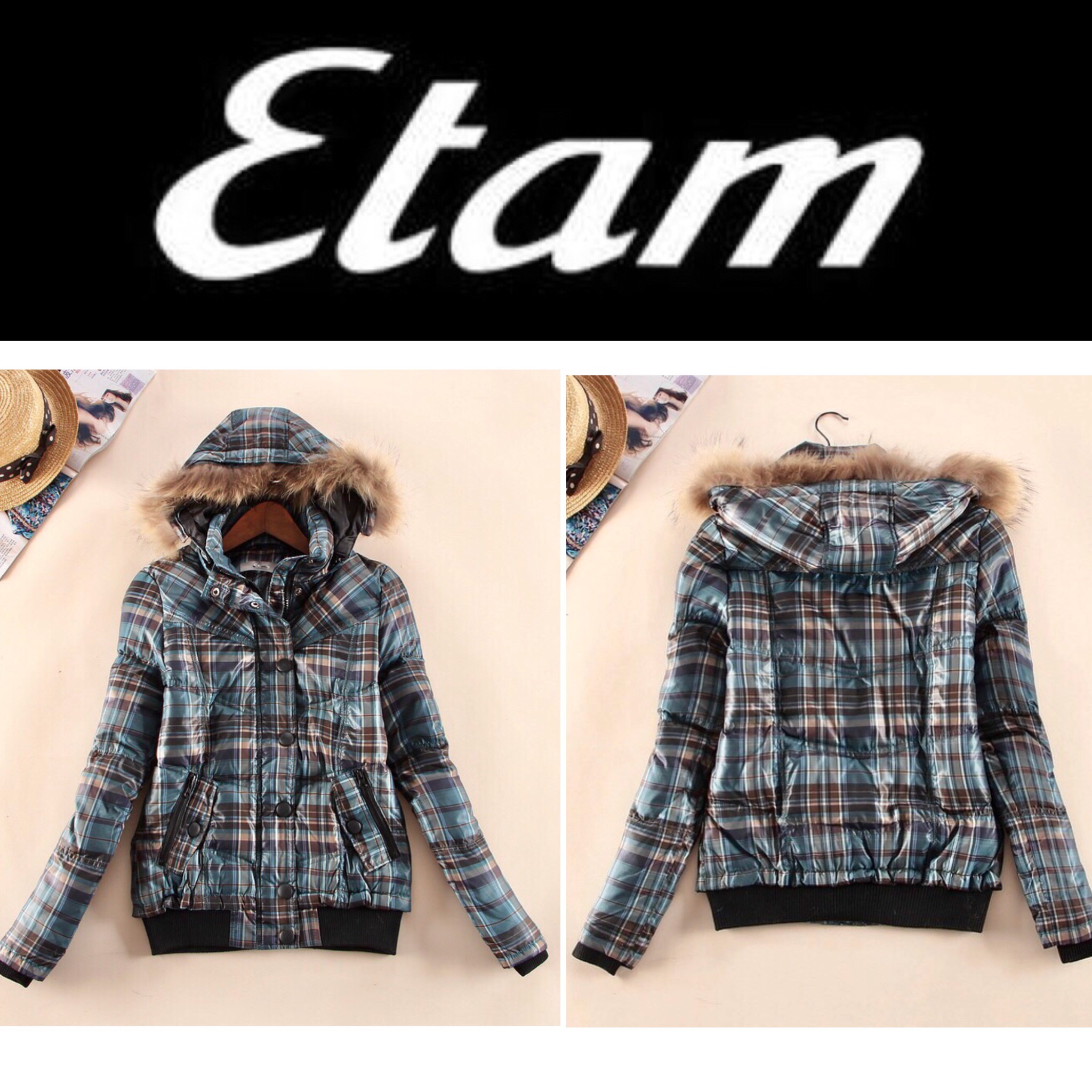 เสื้อกันหนาว เสื้อขนเป็ด brand name ETAM ฝรั่งเศส แท้ 100% แต่งหมวกฮูท ติดขนเฟอร์ปลายหมวก (หมวกฮูท&เฟอร์ถอดได้ทุกจุดคะ) เฟอร์สวย นุ่ม พริ้ว ลายตารางฟ้าเขียว งานสวยมากคะ Size S/M